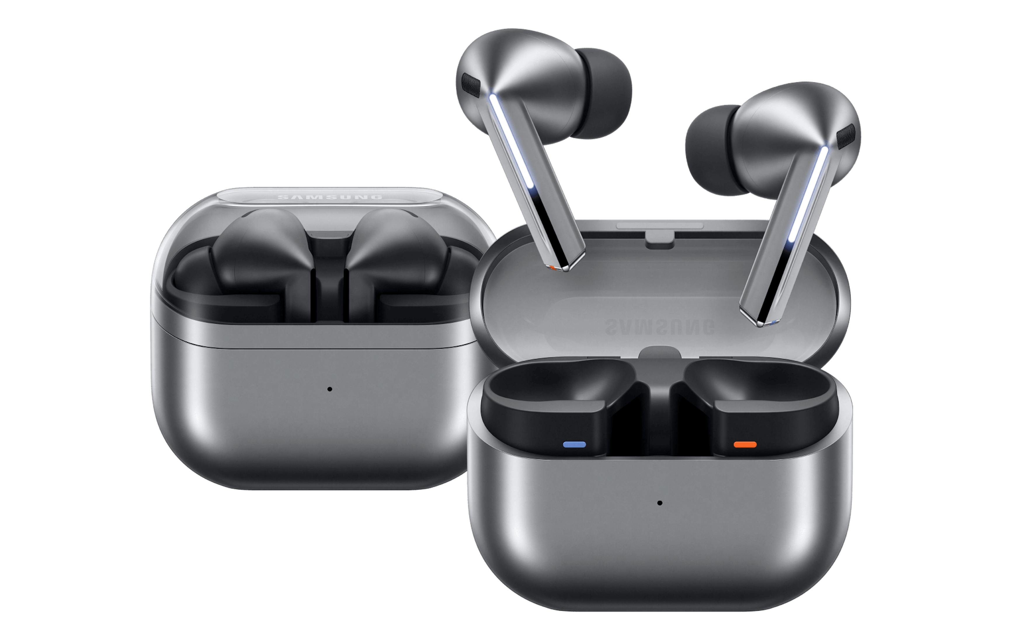 Samsung Galaxy Buds3 Pro Silber mit geöffnetem und geschlossenem Case.