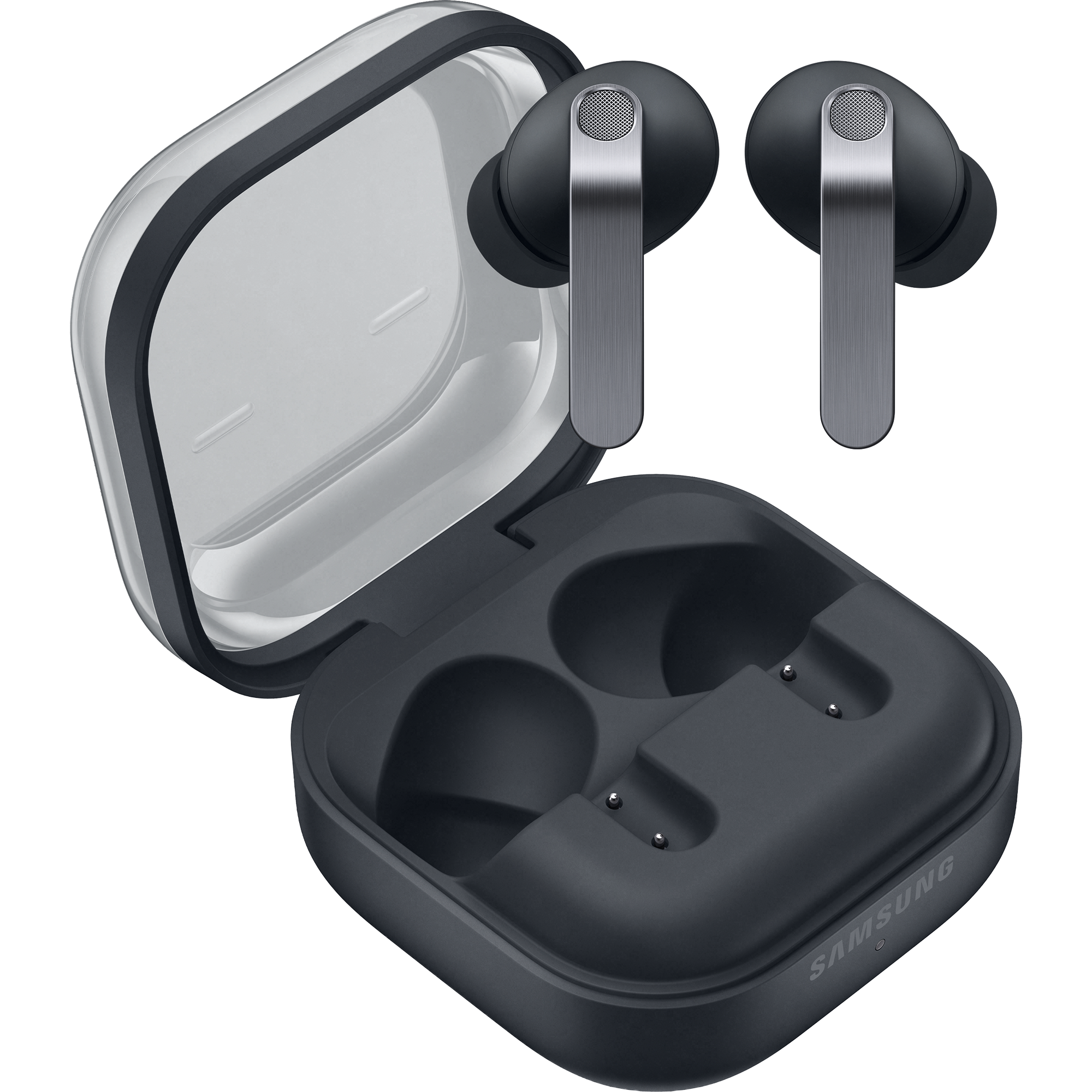 Samsung Galaxy Buds4 Pro in Dunkelgrau mit silbernen Stielen über geöffnetem Ladecase mit transparentem Deckel.