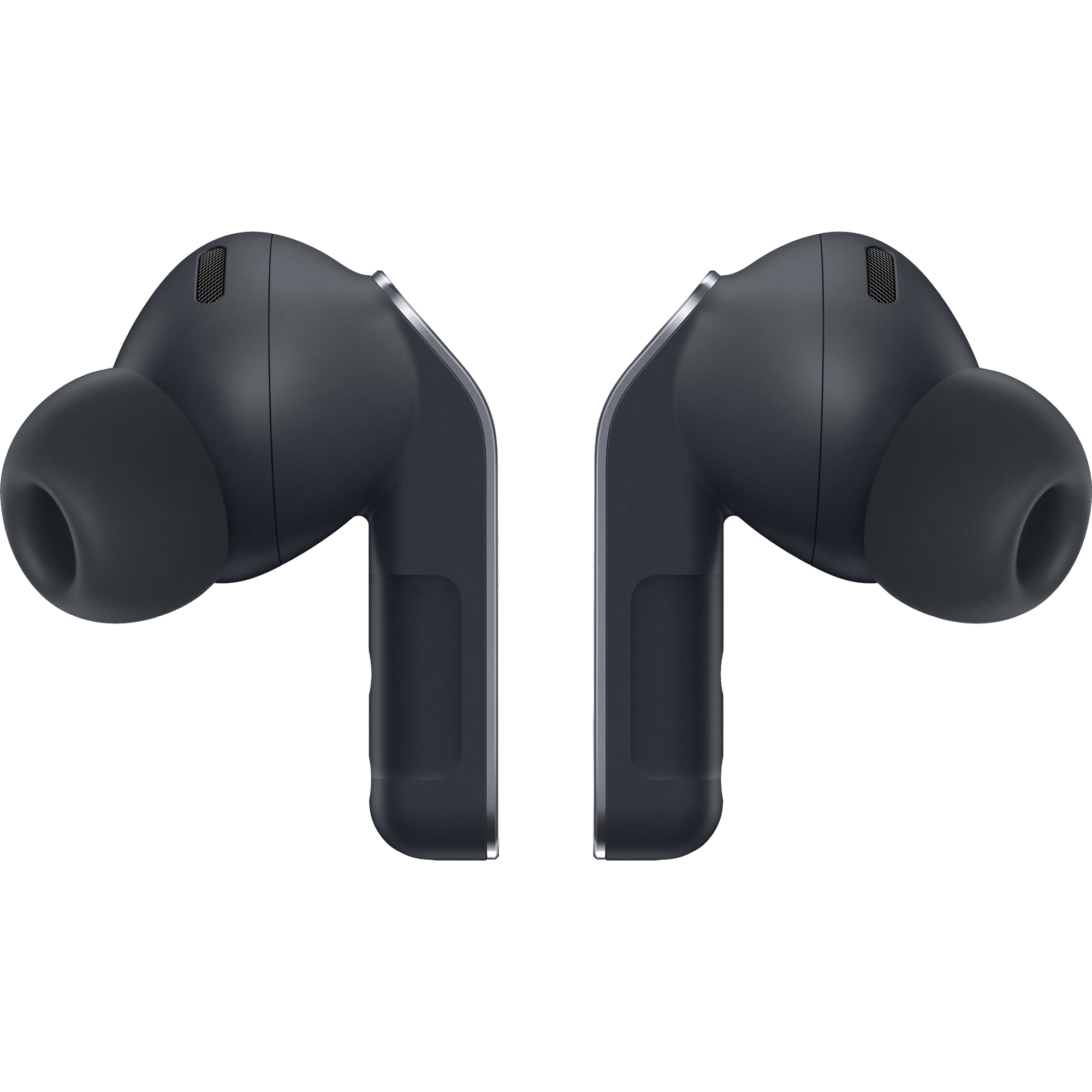 Samsung Galaxy Buds4 Pro in Dunkelgrau mit Silikon-Ohrstöpseln in Seitenansicht.