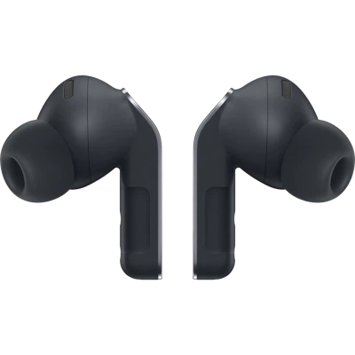 Samsung Galaxy Buds4 Pro in Dunkelgrau mit Silikon-Ohrstöpseln in Seitenansicht.
