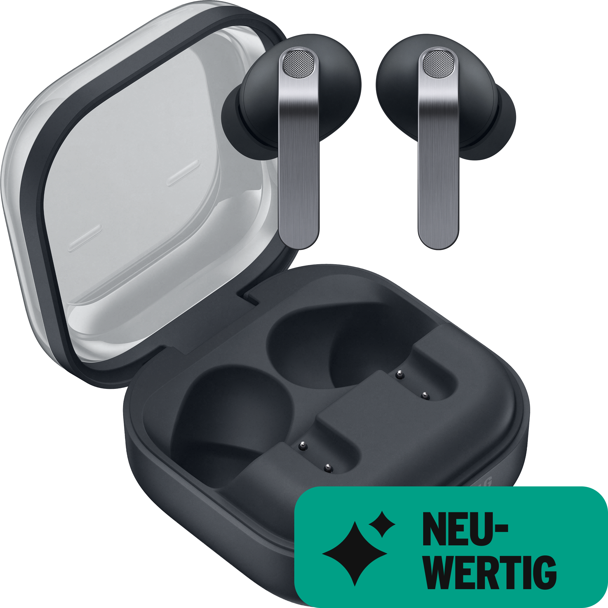 Samsung Galaxy Buds4 Pro in Dunkelgrau mit Ladecase, dazu Badge „Neuwertig".