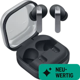 Samsung Galaxy Buds4 Pro in Dunkelgrau mit Ladecase, dazu Badge „Neuwertig".
