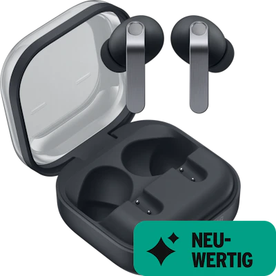 Samsung Galaxy Buds4 Pro in Dunkelgrau mit Ladecase, dazu Badge „Neuwertig".