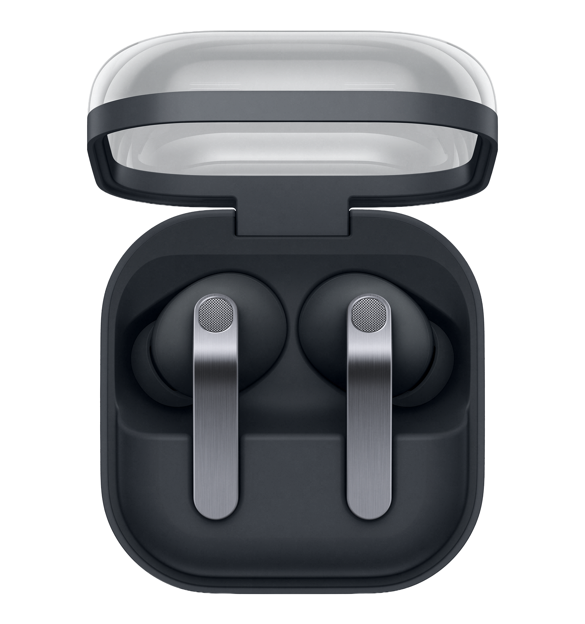 Draufsicht auf geöffnetes dunkelgraues Ladecase der Samsung Galaxy Buds4 Pro mit beiden Kopfhörern.