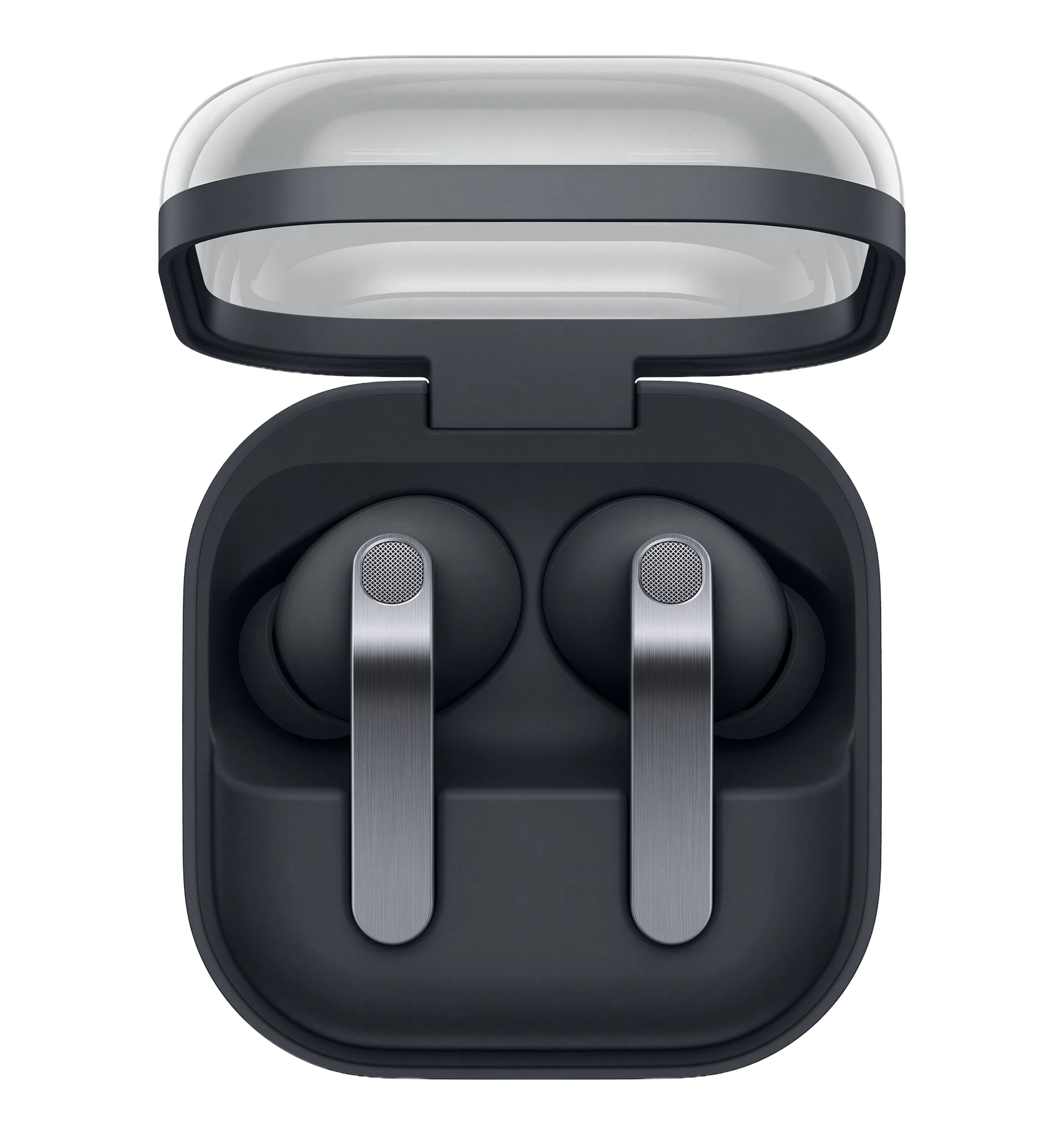 Highlight Bild vom Gerät Draufsicht auf geöffnetes dunkelgraues Ladecase der Samsung Galaxy Buds4 Pro mit beiden Kopfhörern.
