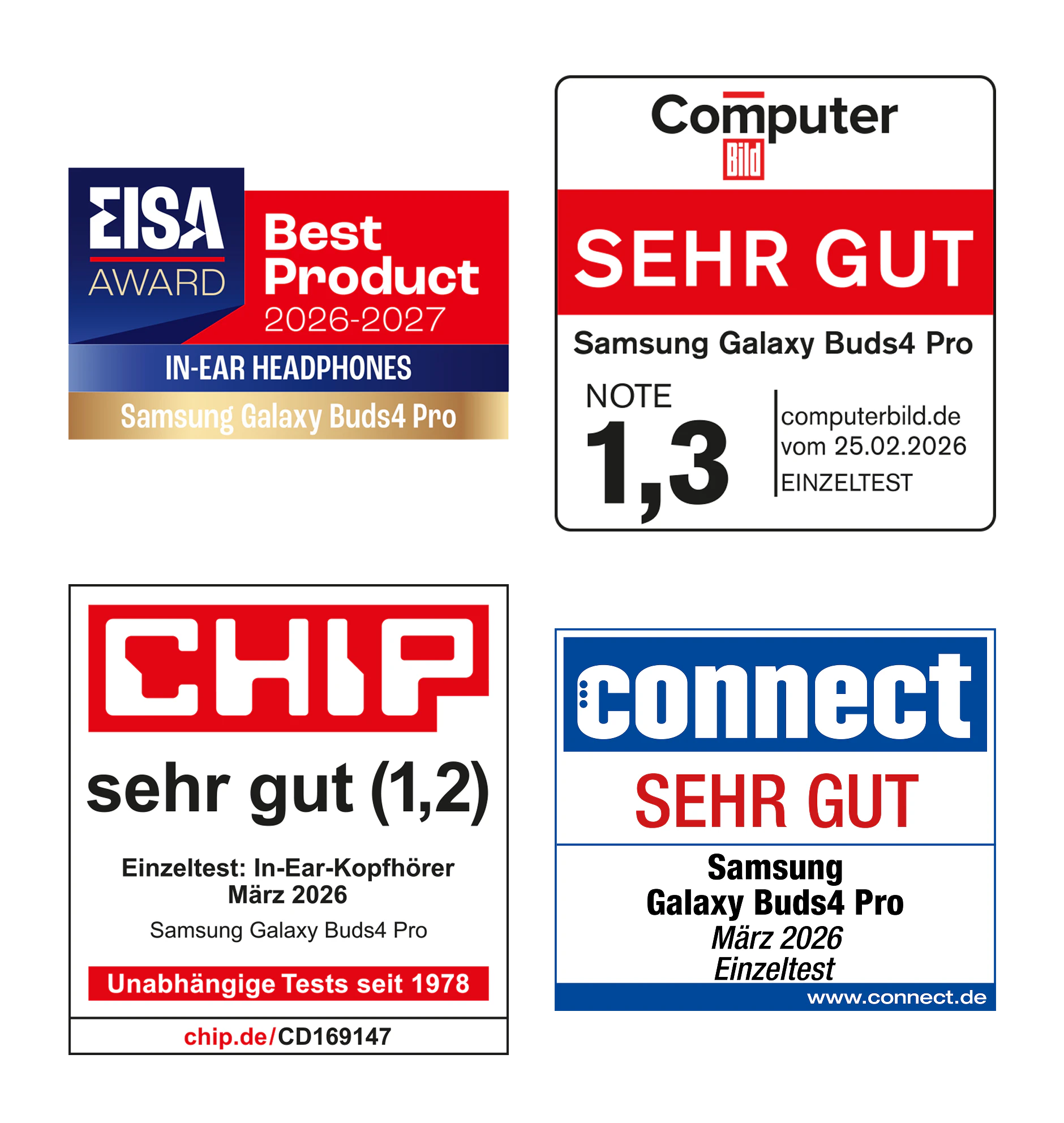 Highlight Bild vom Gerät Vier Testsiegel für Samsung Galaxy Buds4 Pro: CHIP „sehr gut (1,2)” (Einzeltest In-Ear-Kopfhörer, März 2026), Computer Bild „Sehr gut”, Note 1,3 (Einzeltest vom 25.02.2026), connect „Sehr gut” (Einzeltest März 2026) und EISA Award „Best Product 2026–2027, In-Ear Headphones”.
