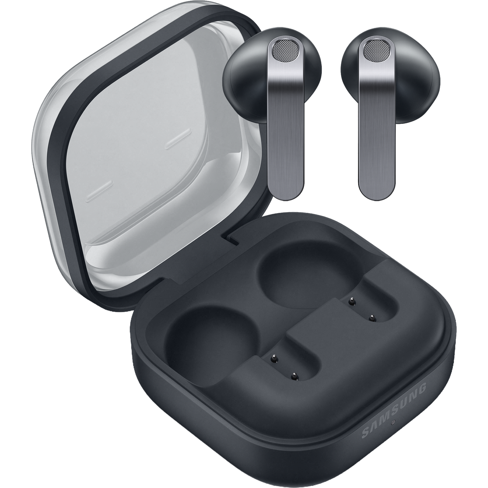 Samsung Galaxy Buds4 in Dunkelgrau über geöffnetem Ladecase mit transparentem Deckel und Samsung-Schriftzug.