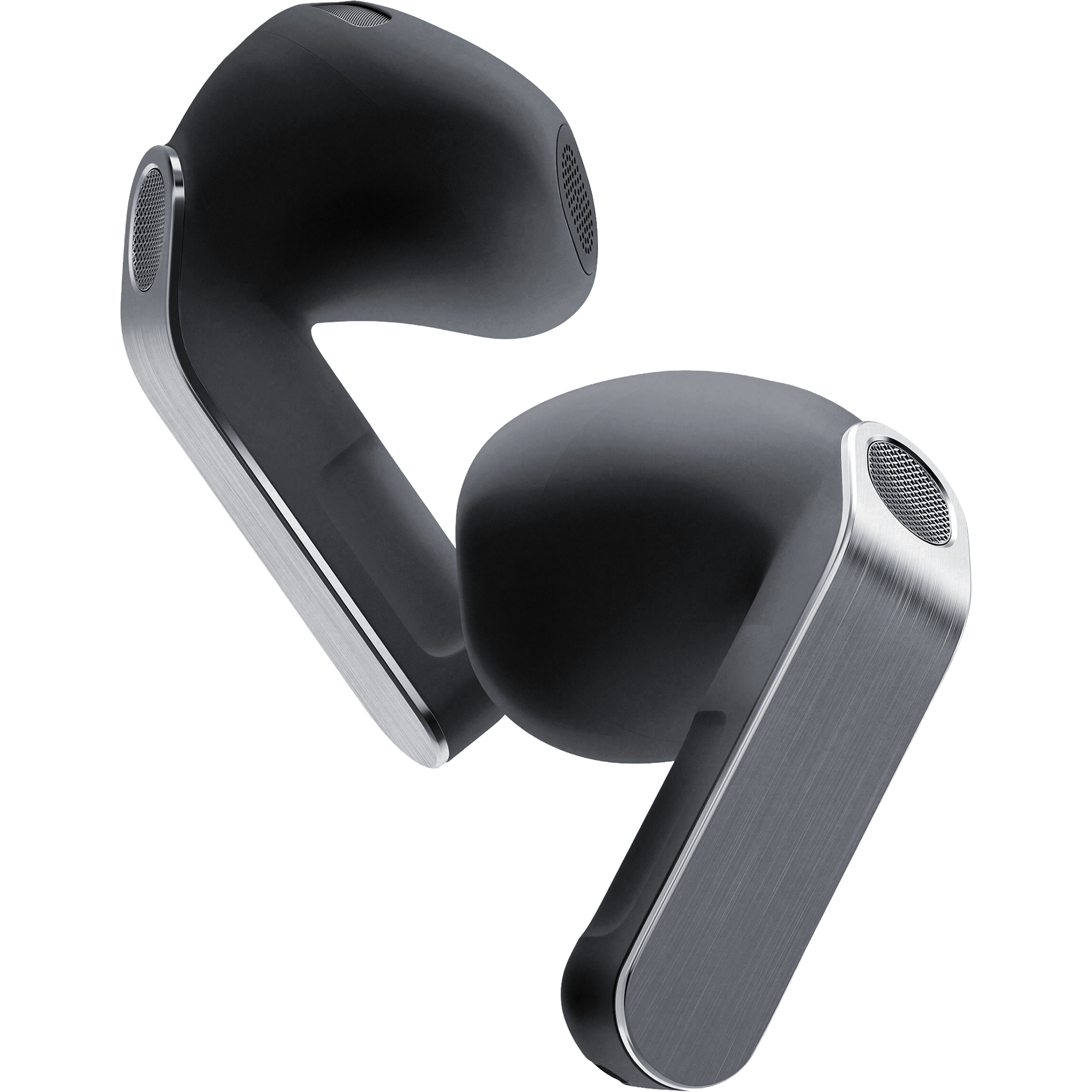 Zwei Samsung Galaxy Buds4 in Dunkelgrau mit silbernen Stielen in Nahaufnahme.