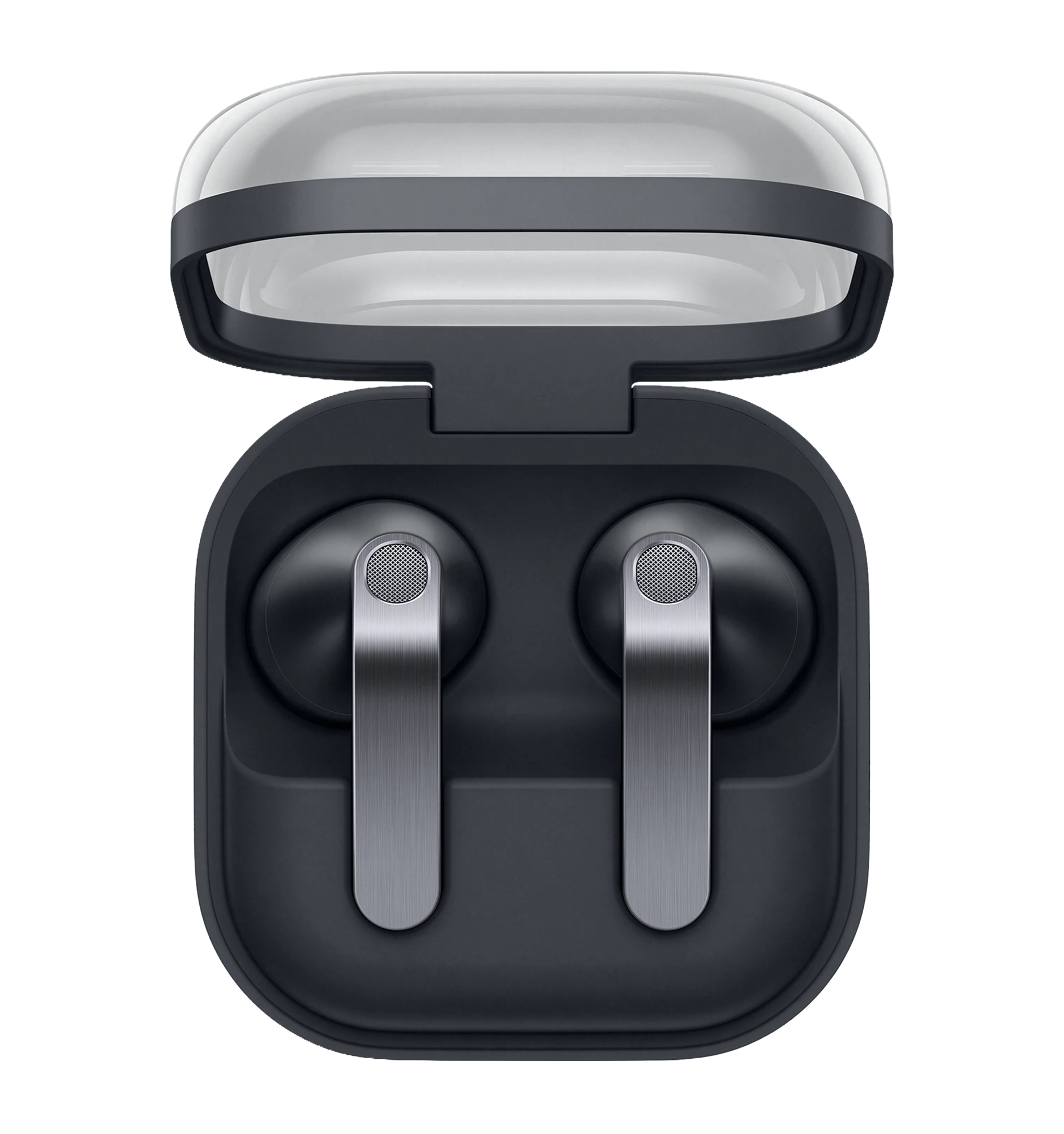 Highlight Bild vom Gerät Draufsicht auf geöffnetes dunkelgraues Ladecase mit zwei Samsung Galaxy Buds4.