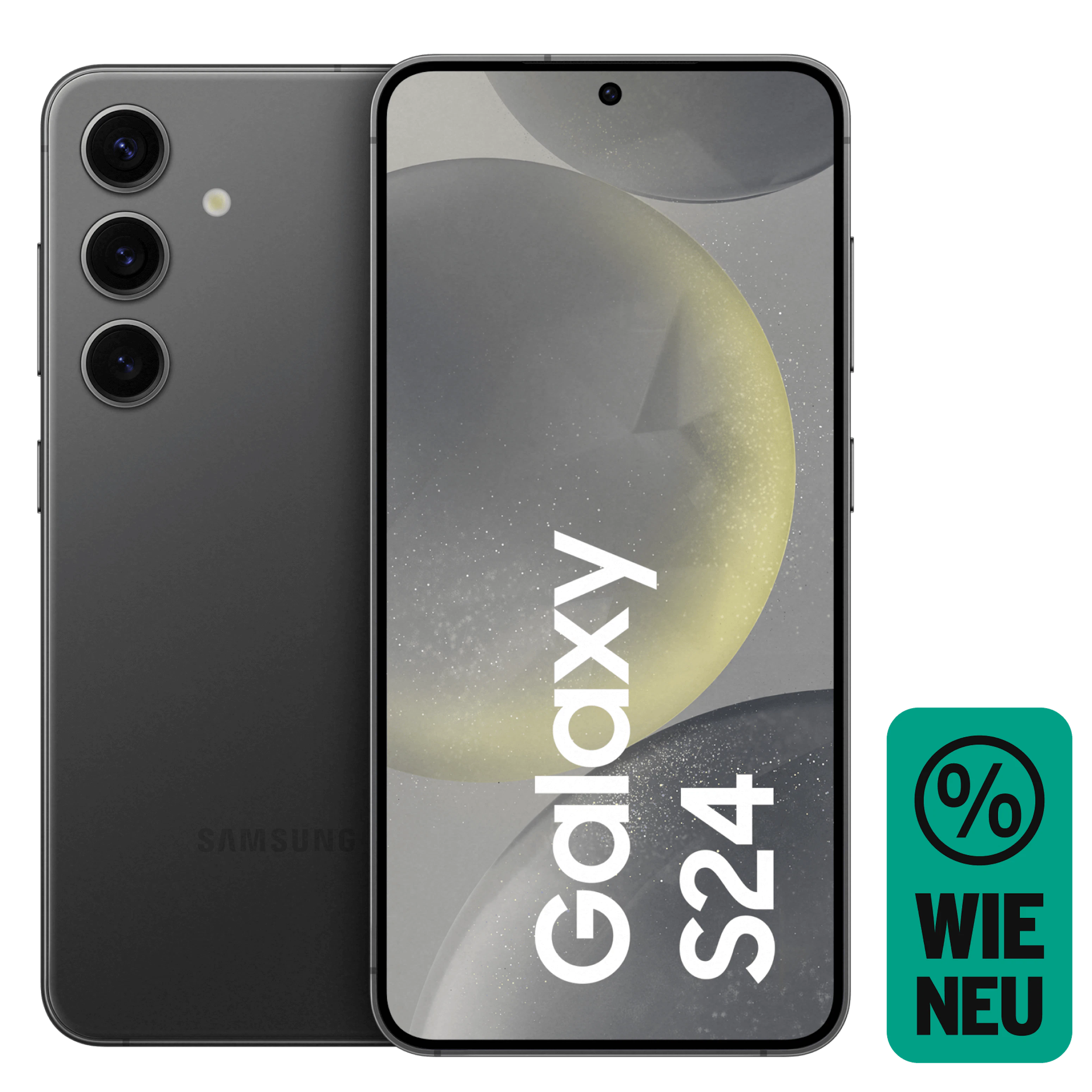 Vorder- und Rückansicht Samsung Galaxy S24 Schwarz. Wie neu.