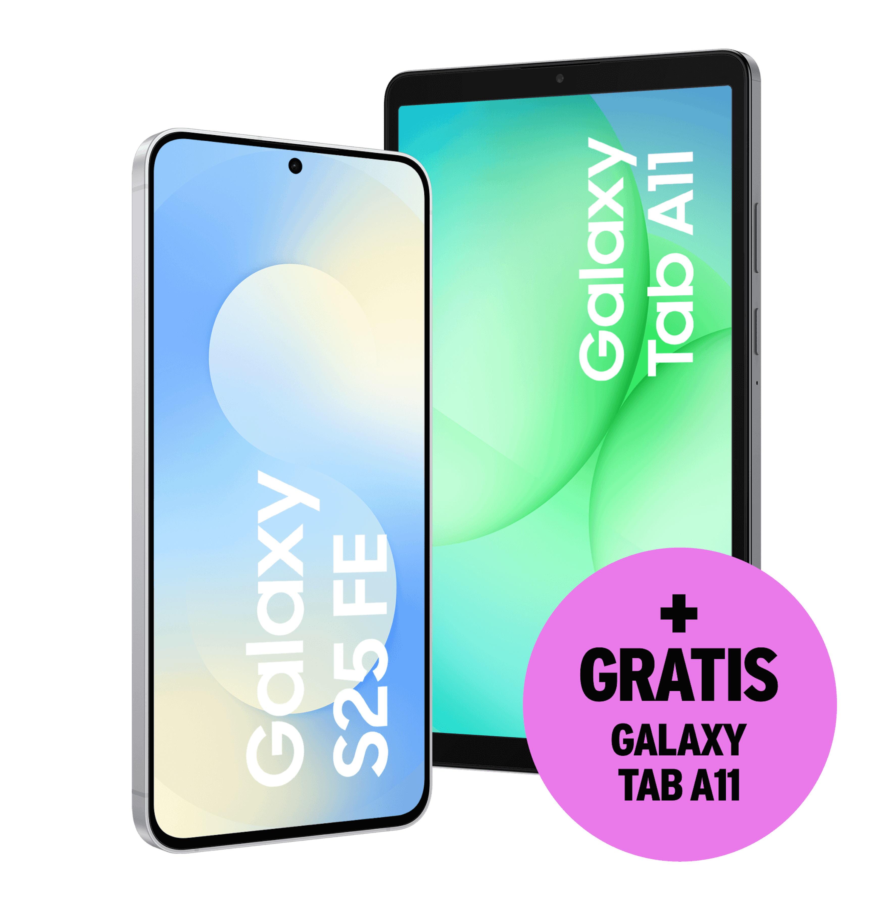 Highlight Bild vom Gerät Schräge Vorderansicht Samsung Galaxy S25 FE + Gratis Galaxy Tab A11.