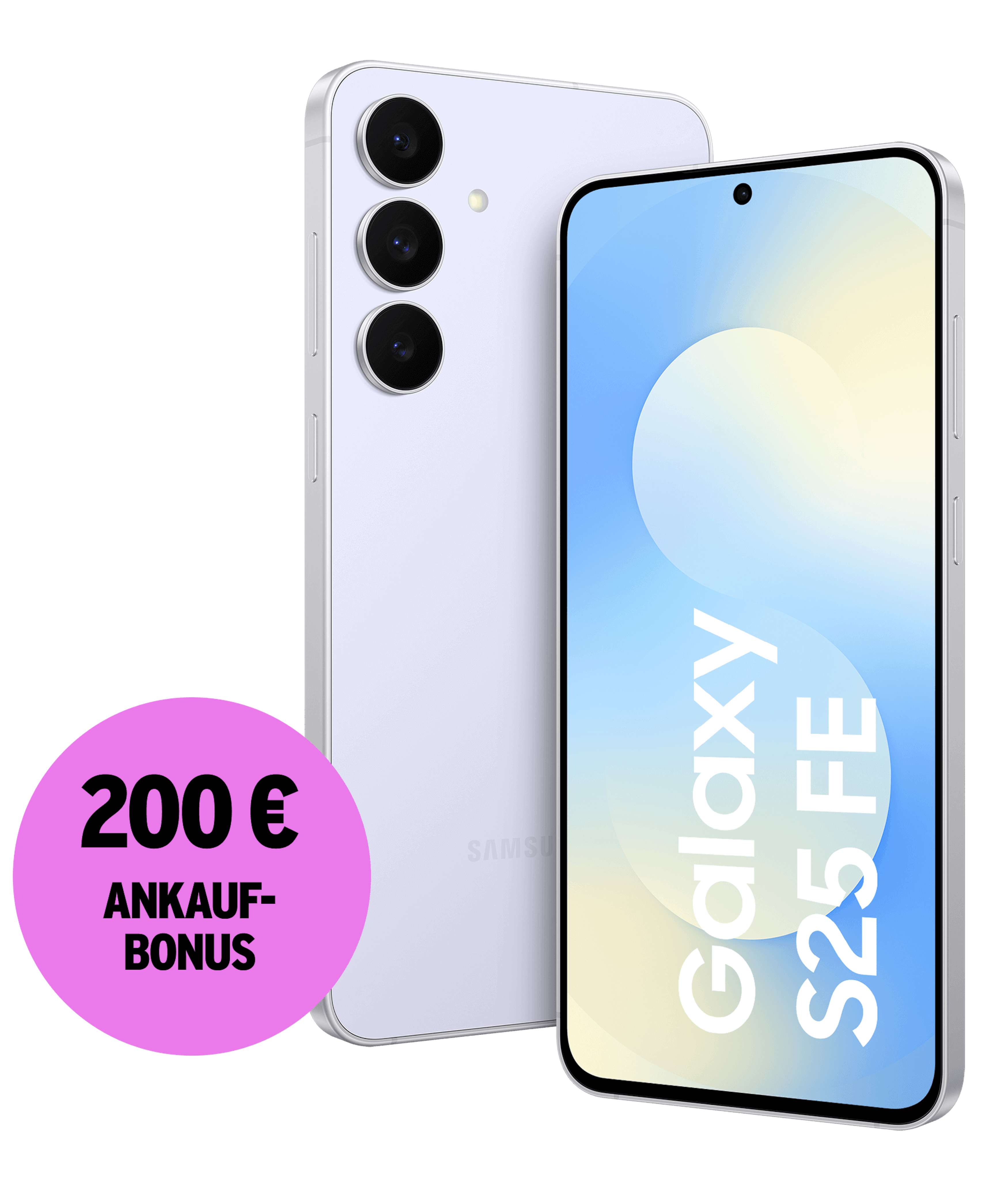 Highlight Bild vom Gerät Schräge Vorder- und Rückansicht Samsung Galaxy S25 FE. 200 € Ankaufbonus.