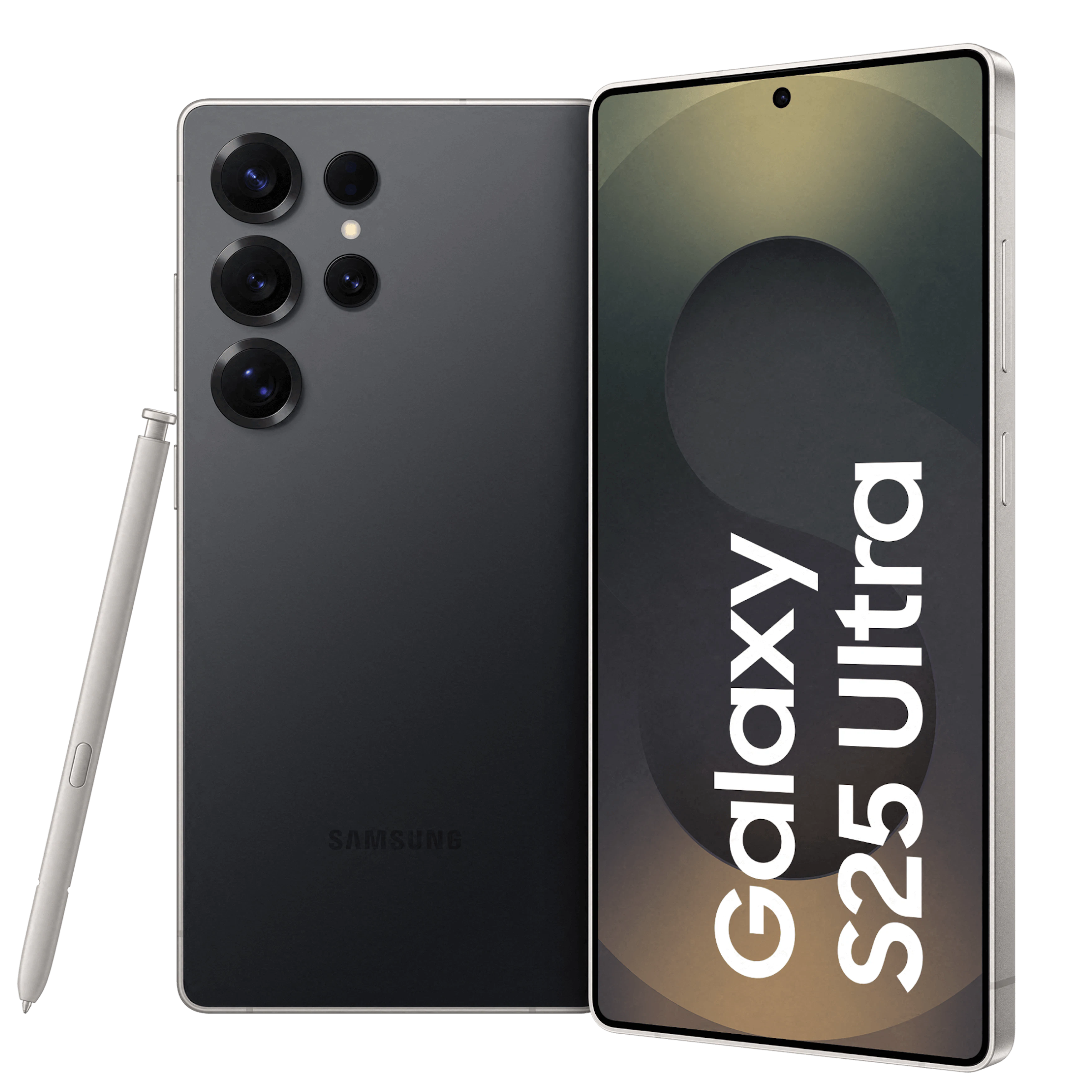 Vorder- und Rückansicht Samsung Galaxy S25 Ultra Schwarz mit S Pen. Vorder- und Rückansicht Samsung Galaxy S25 Ultra Schwarz mit S Pen.