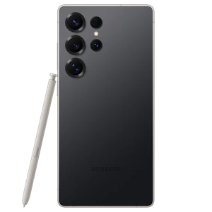 Rückansicht Samsung Galaxy S25 Ultra Schwarz mit S Pen. Rückansicht Samsung Galaxy S25 Ultra Schwarz mit S Pen.