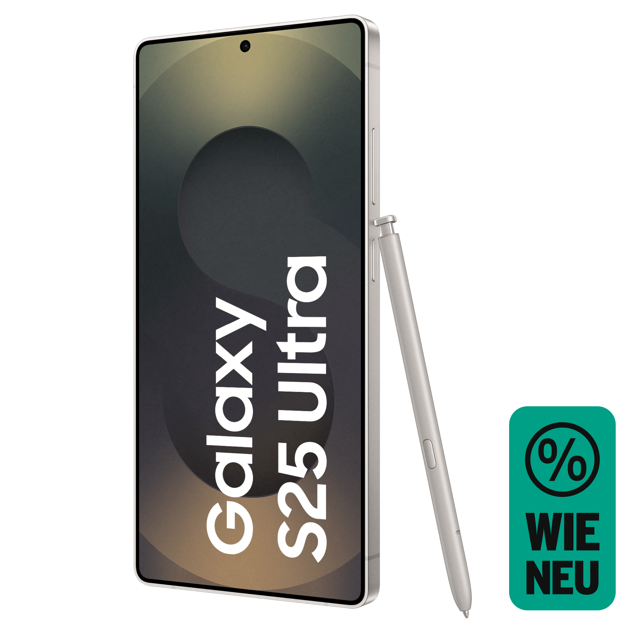 Schräge Vorderansicht Samsung Galaxy S25 Ultra Schwarz mit S Pen. Wie neu.