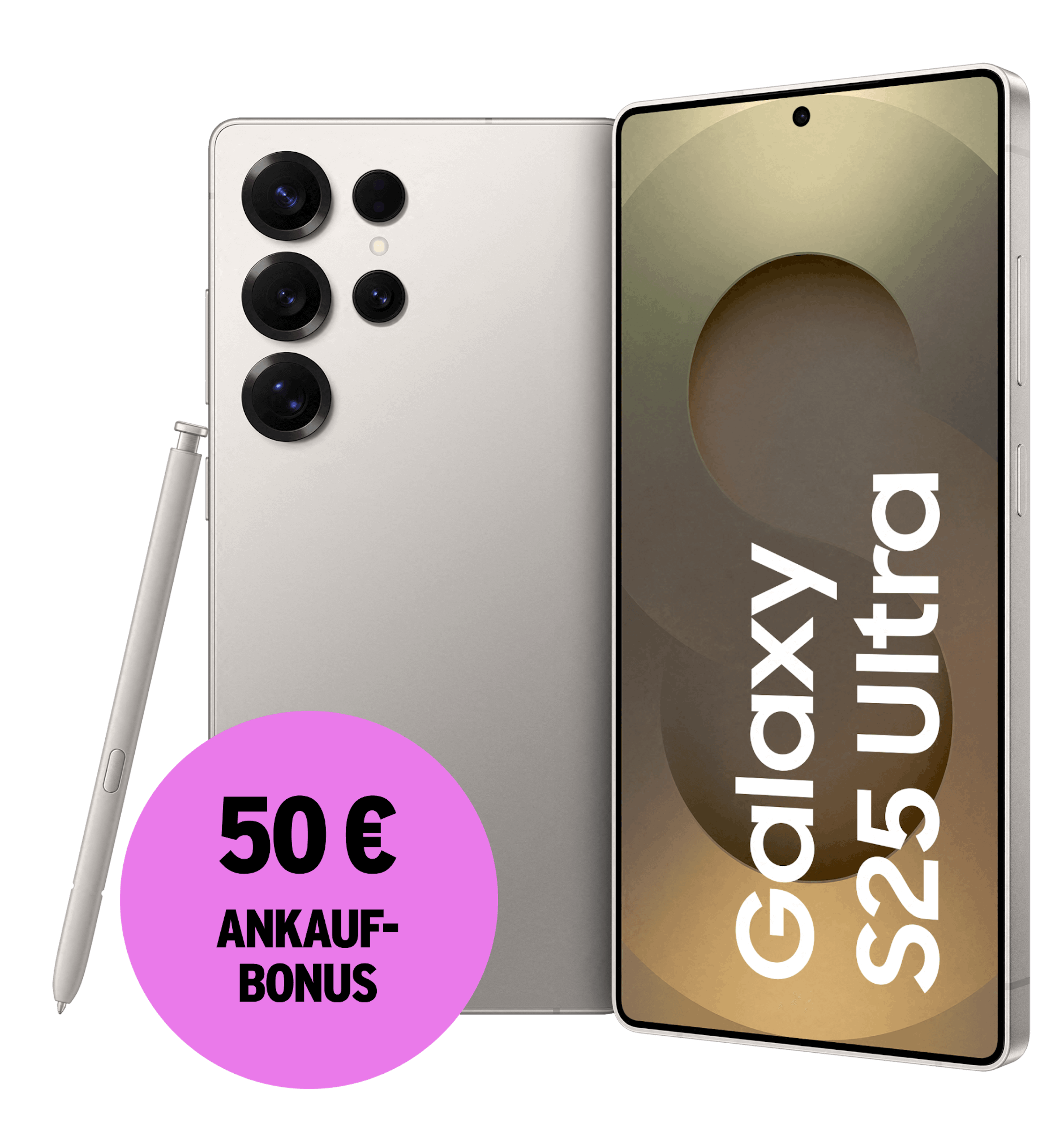 Highlight Bild vom Gerät Vorder- und Rückansicht Samsung Galaxy S25 Ultra mit S Pen. 50 € Ankaufbonus.