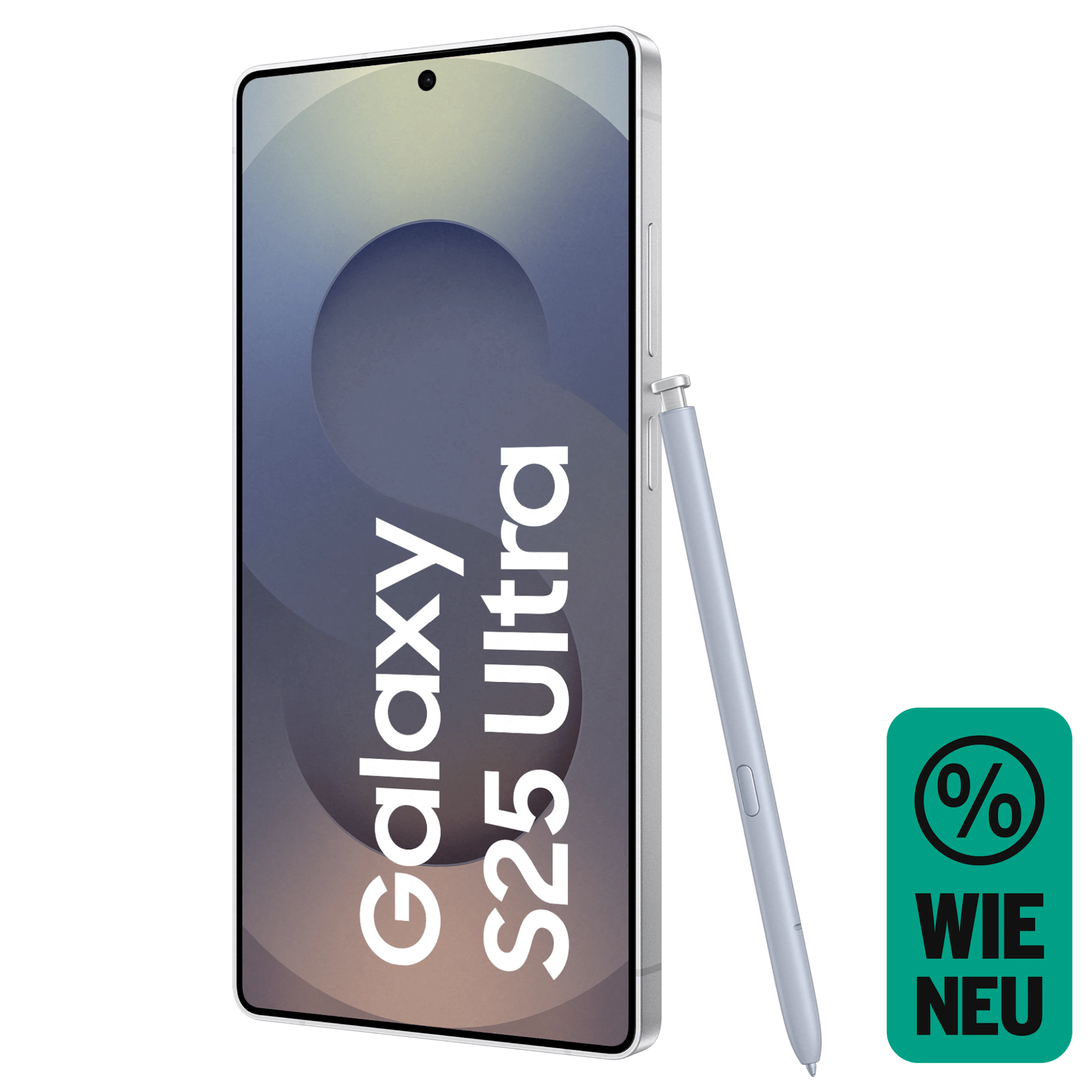 Schräge Vorderansicht Samsung Galaxy S25 Ultra Silberblau mit S Pen. Wie neu.