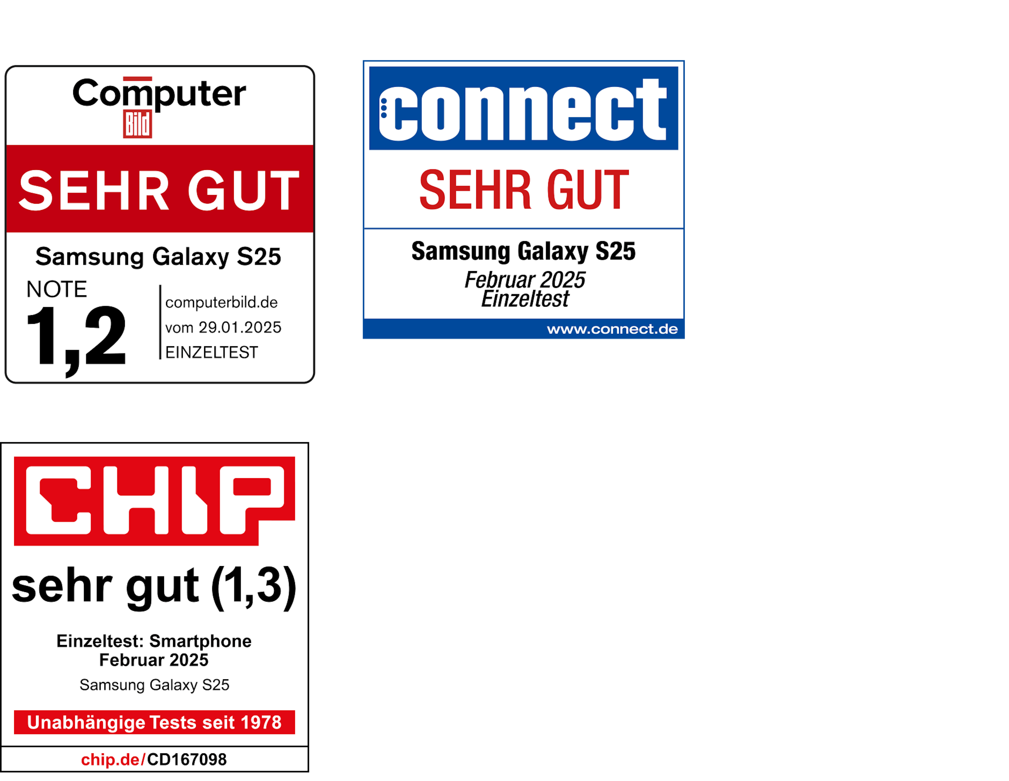 1. Siegel: Computer Bild Gesamtnote 1,2 vom 29.01.2025. 2. Siegel: connect Gesamtnote sehr gut Februar 2025. 3. Siegel: chip Gesamtnote 1,3 Februar 2025.