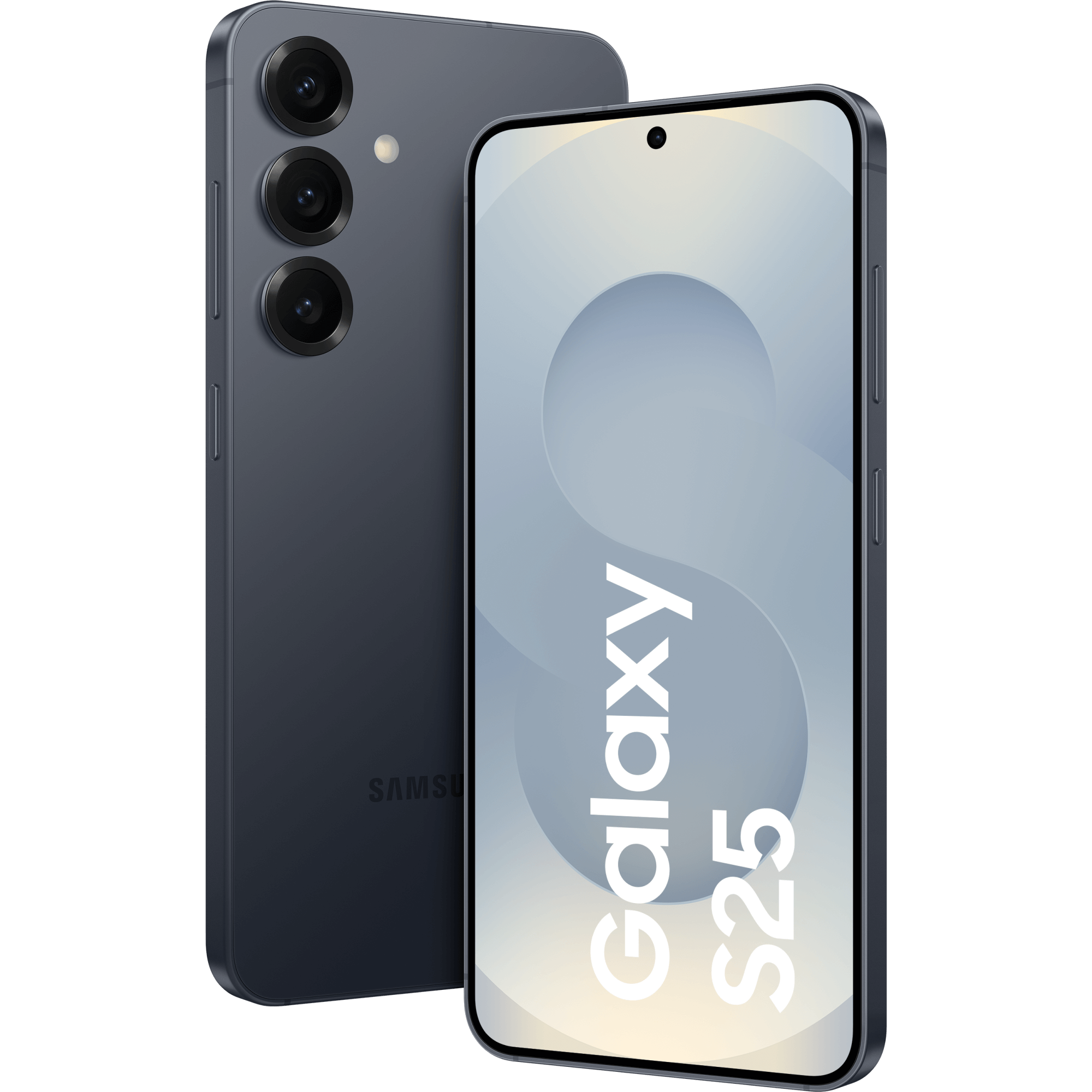 Schräge Vorder- und Rückansicht Samsung Galaxy S25 Blau-Schwarz.