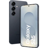 Schräge Vorder- und Rückansicht Samsung Galaxy S25 Blau-Schwarz. Schräge Vorder- und Rückansicht Samsung Galaxy S25 Blau-Schwarz.