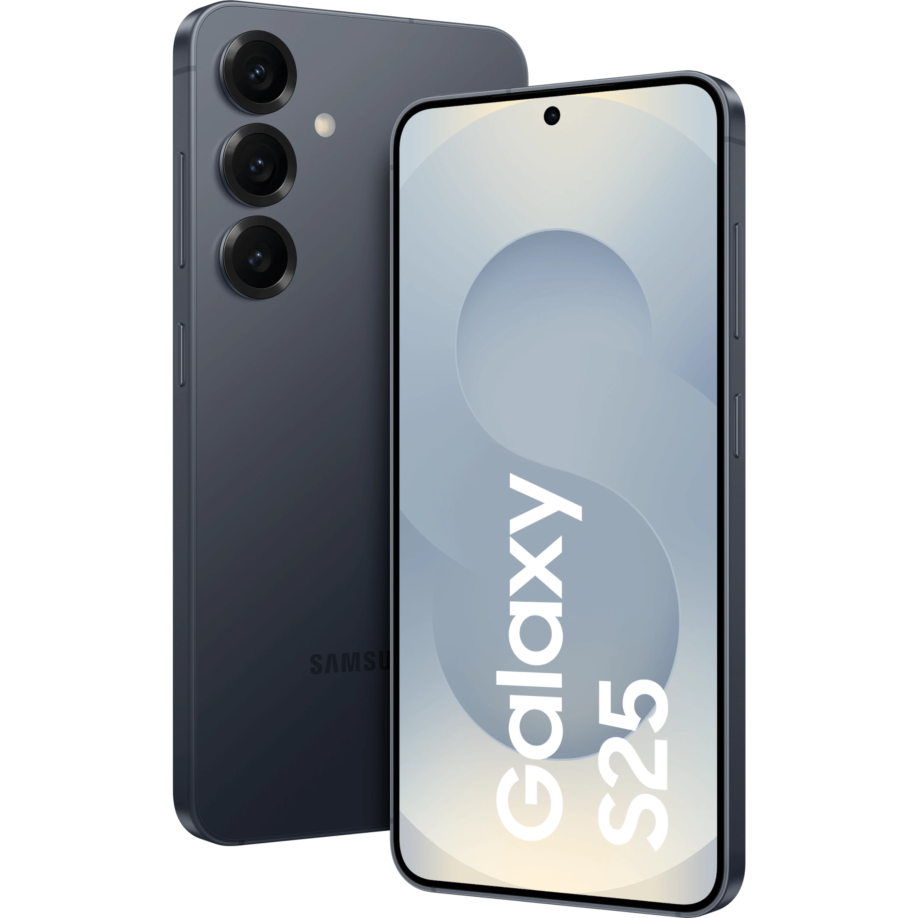 Schräge Vorder- und Rückansicht Samsung Galaxy S25 Blau-Schwarz.