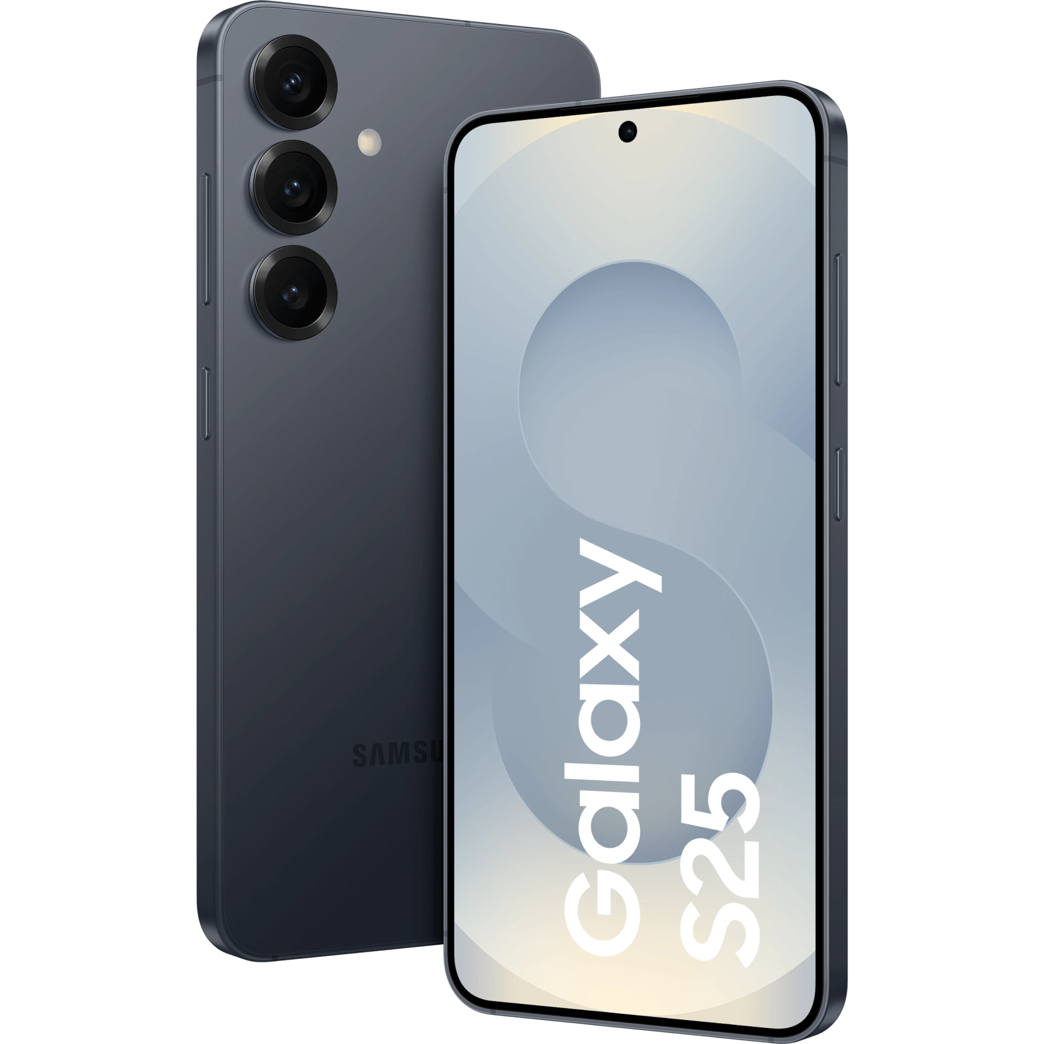 Schräge Vorder- und Rückansicht Samsung Galaxy S25 Blau-Schwarz. Schräge Vorder- und Rückansicht Samsung Galaxy S25 Blau-Schwarz.