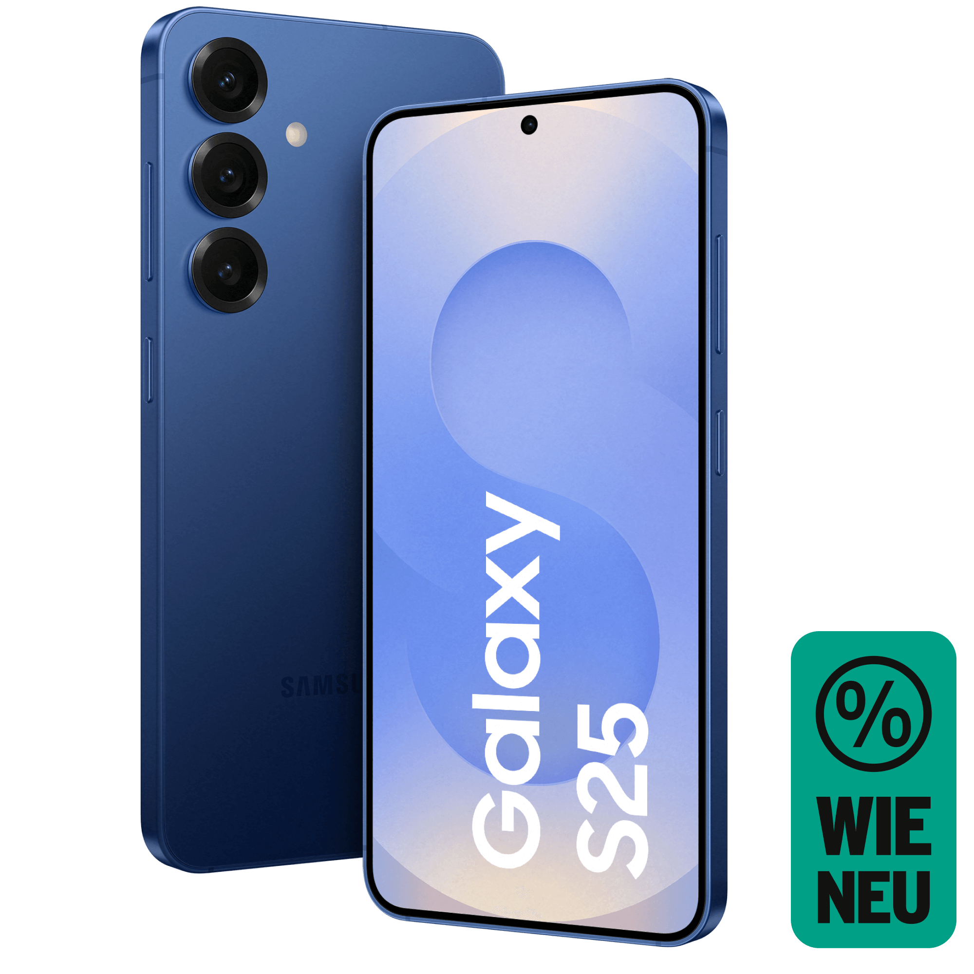Vorder- und Rückansicht Samsung Galaxy S25 Marineblau. Wie neu.
