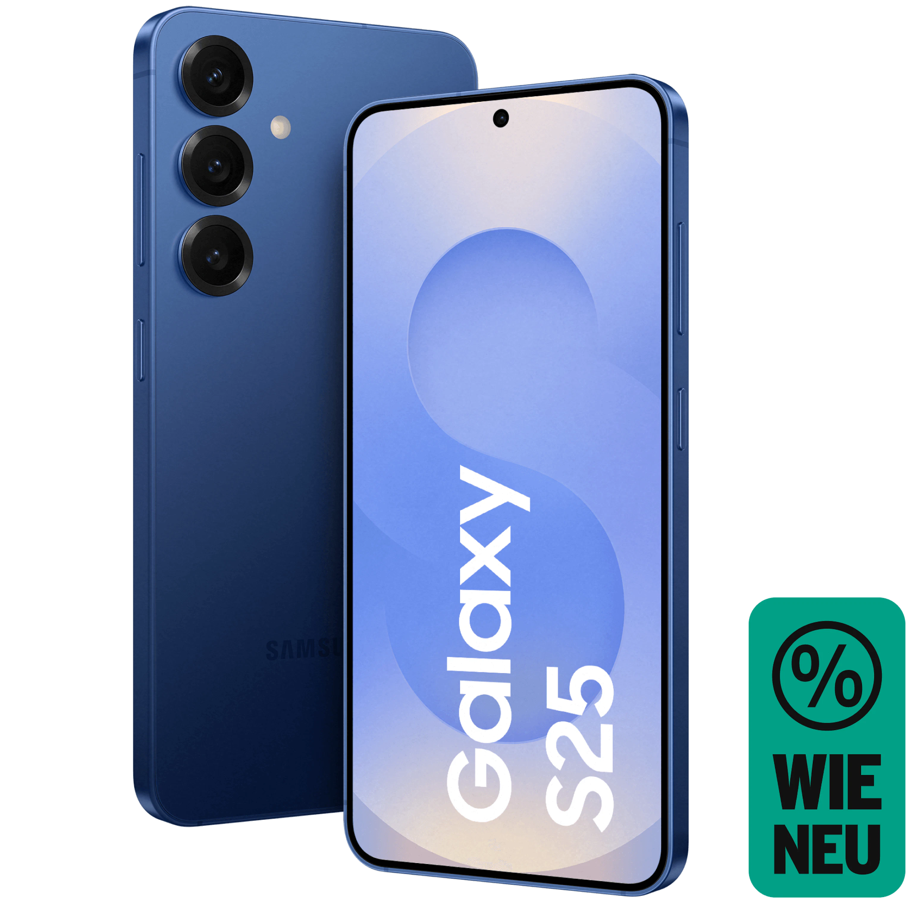 Vorder- und Rückansicht Samsung Galaxy S25 Marineblau. Wie neu.