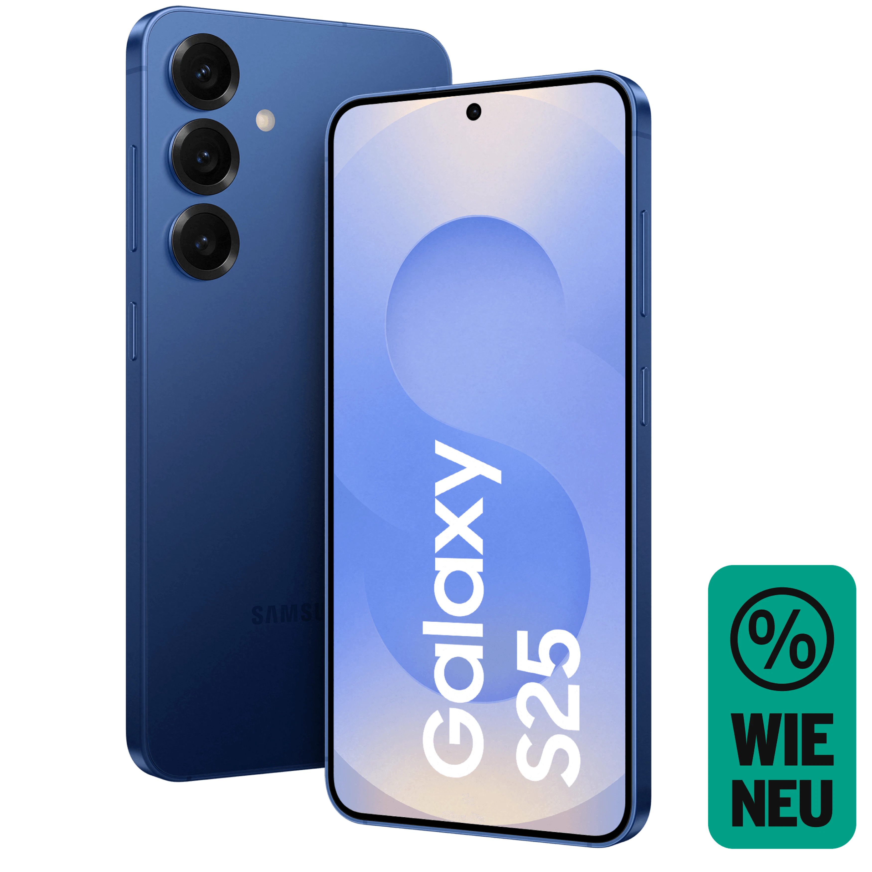 Vorder- und Rückansicht Samsung Galaxy S25 Marineblau. Wie neu.