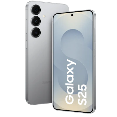 Vorder- und Rückansicht Samsung Galaxy S25 Silber. Vorder- und Rückansicht Samsung Galaxy S25 Silber.