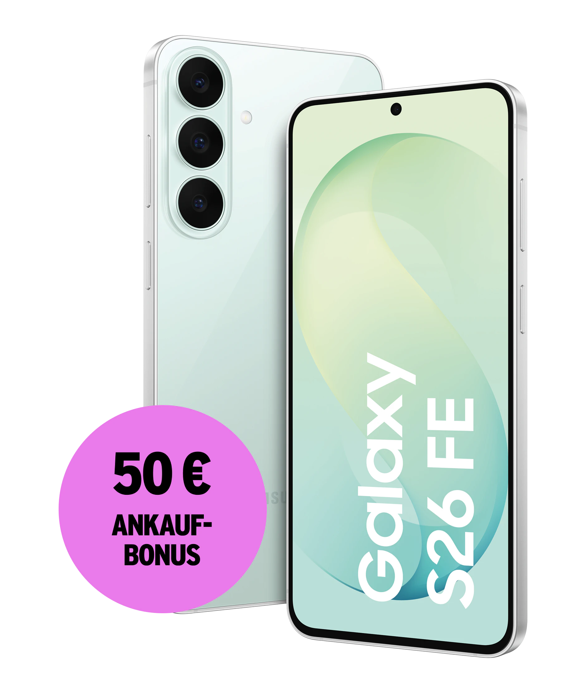 Highlight Bild vom Gerät Samsung Galaxy S26 FE Vorder- und Rückansicht Pistachio. 50 € Ankaufbonus.