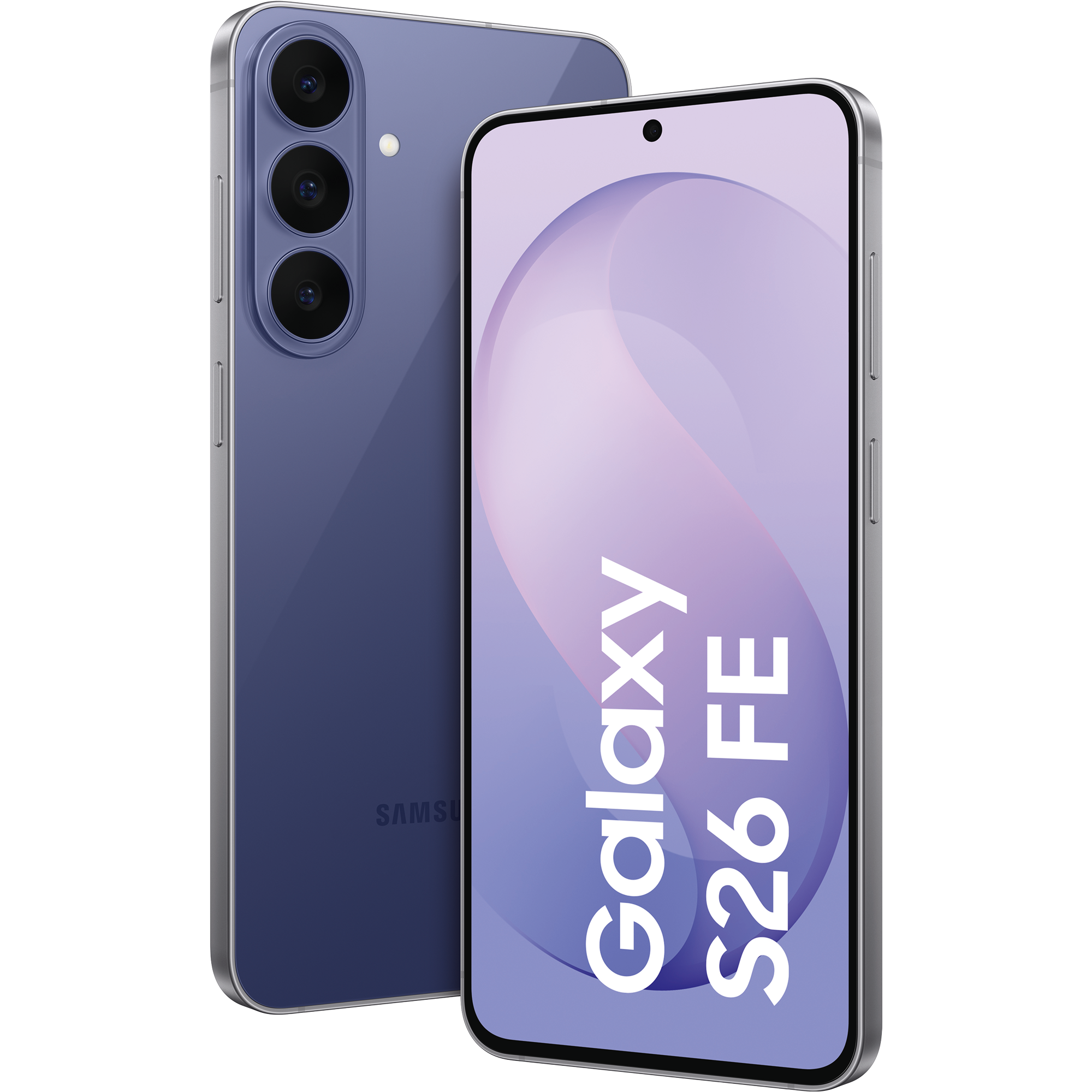 Samsung Galaxy S26 FE Vorder- und Rückansicht Blueberry.