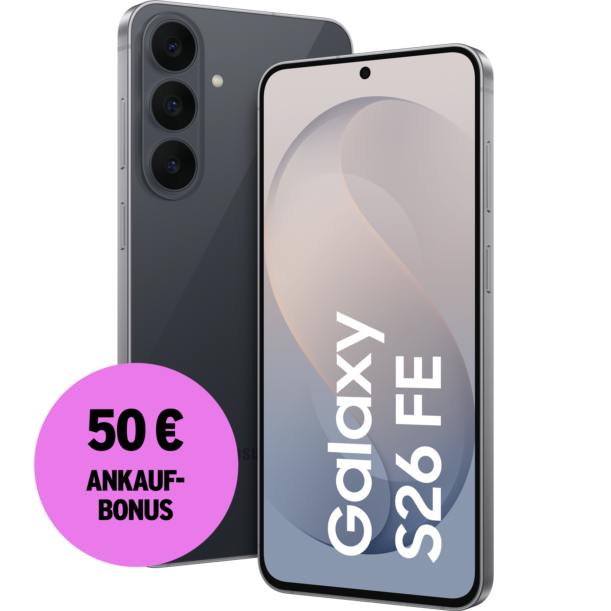 Samsung Galaxy S26 FE Vorder- und Rückansicht Graphite. 50 € Ankaufbonus.