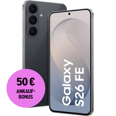 Samsung Galaxy S26 FE Vorder- und Rückansicht Graphite. 50 € Ankaufbonus.