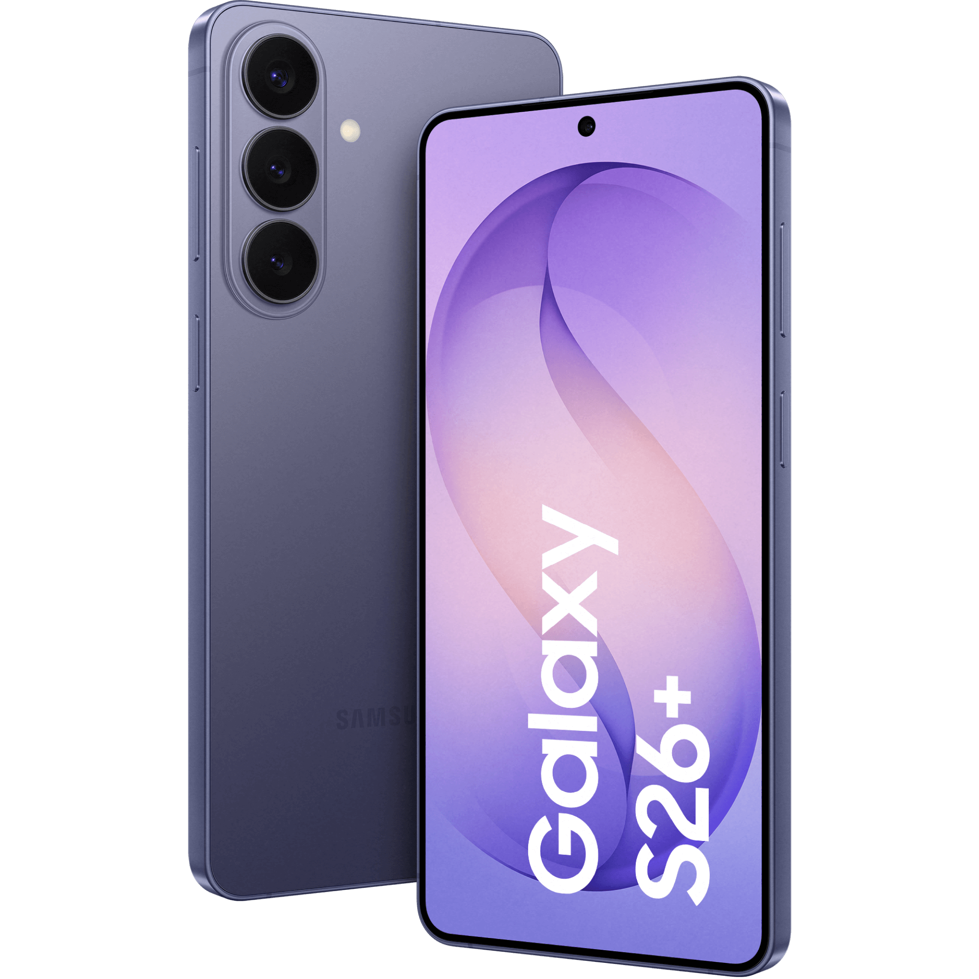 Schräge Vorder- und Rückansicht Samsung Galaxy S26 Plus Violett.