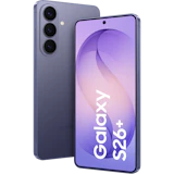 Schräge Vorder- und Rückansicht Samsung Galaxy S26 Plus Violett.