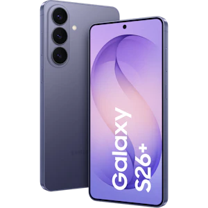 Schräge Vorder- und Rückansicht Samsung Galaxy S26 Plus Violett.