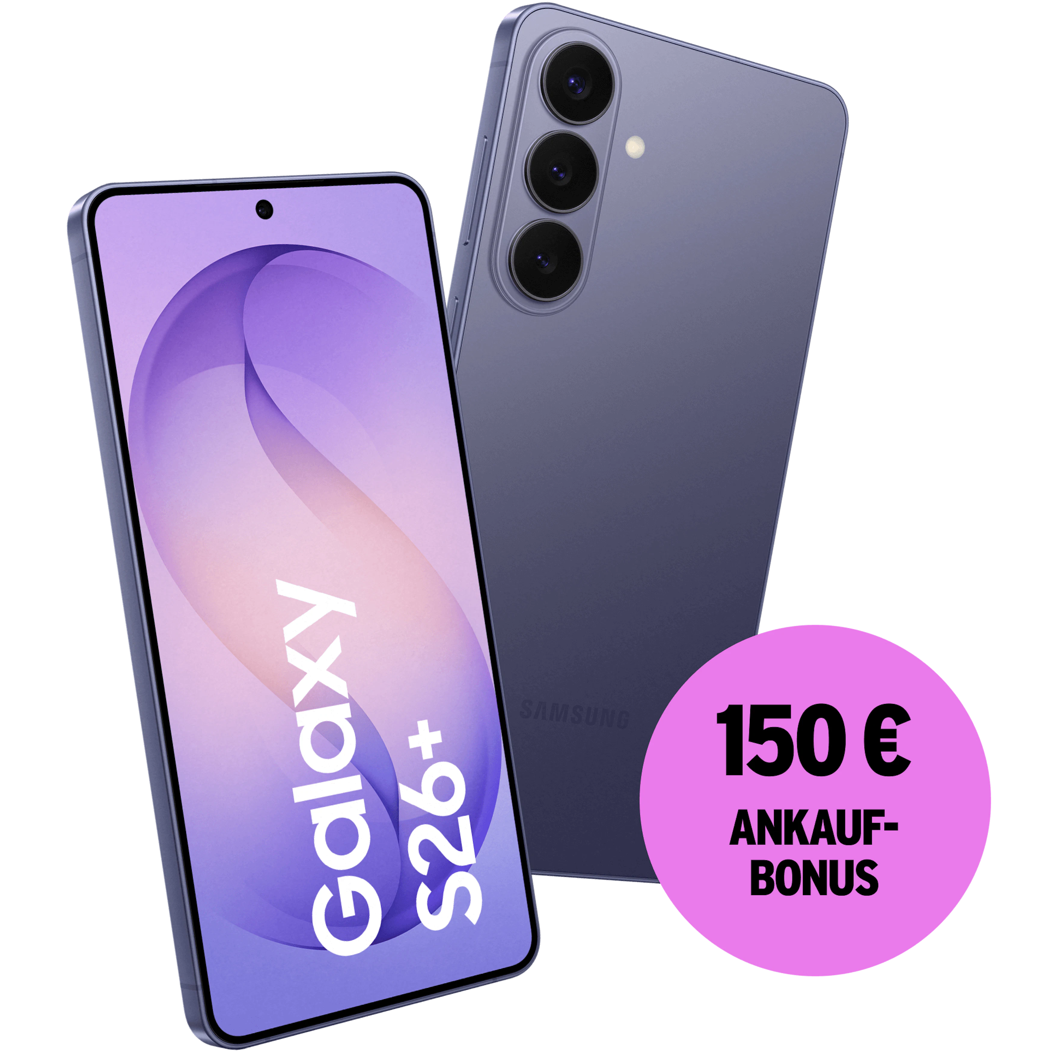 Schräge Vorder- und Rückansicht Samsung Galaxy S26 Plus Violett. 150 € Ankaufbonus.