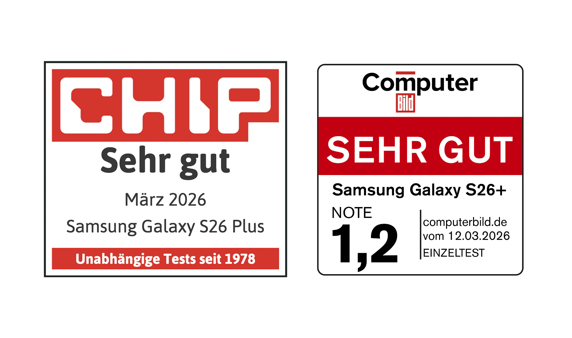 Highlight Bild vom Gerät Testsiegel für das Samsung Galaxy S26+: CHIP "Sehr gut" und Computer Bild "SEHR GUT (Note 1,2)".