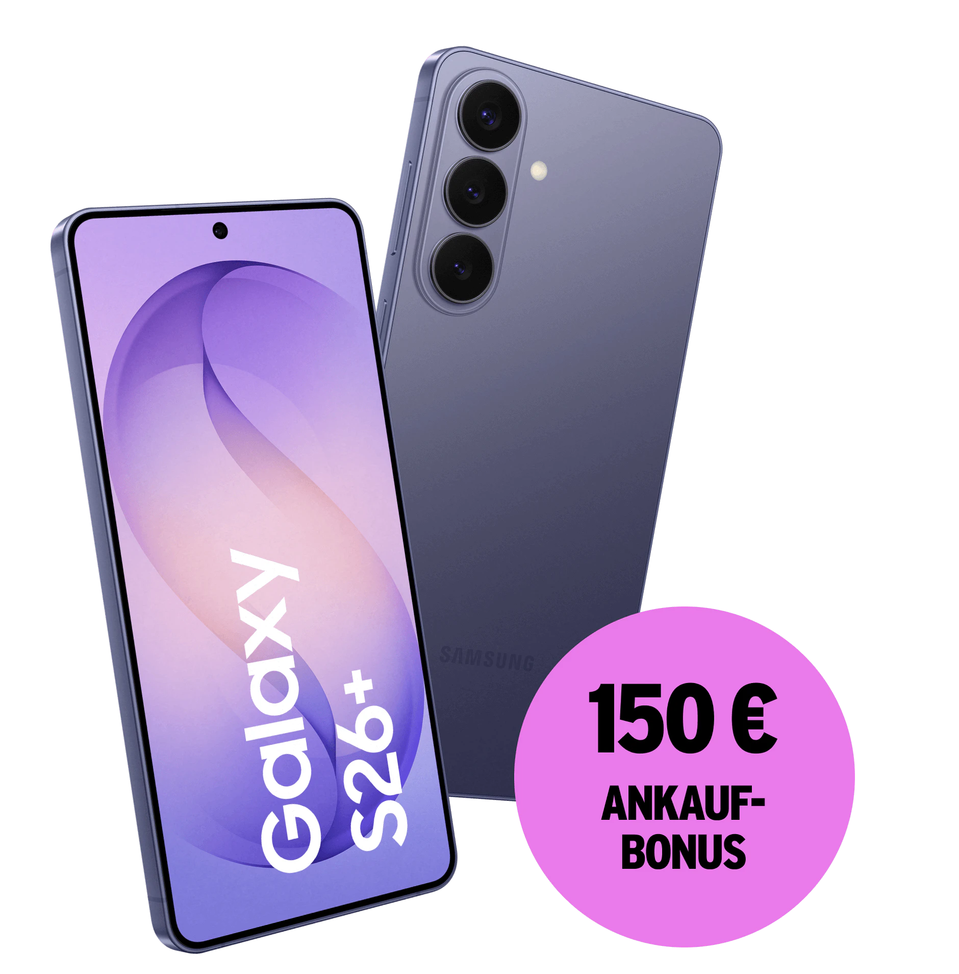 Highlight Bild vom Gerät Schräge Vorder- und Rückansicht Samsung Galaxy S26 Plus Violett. 150 € Ankaufbonus.