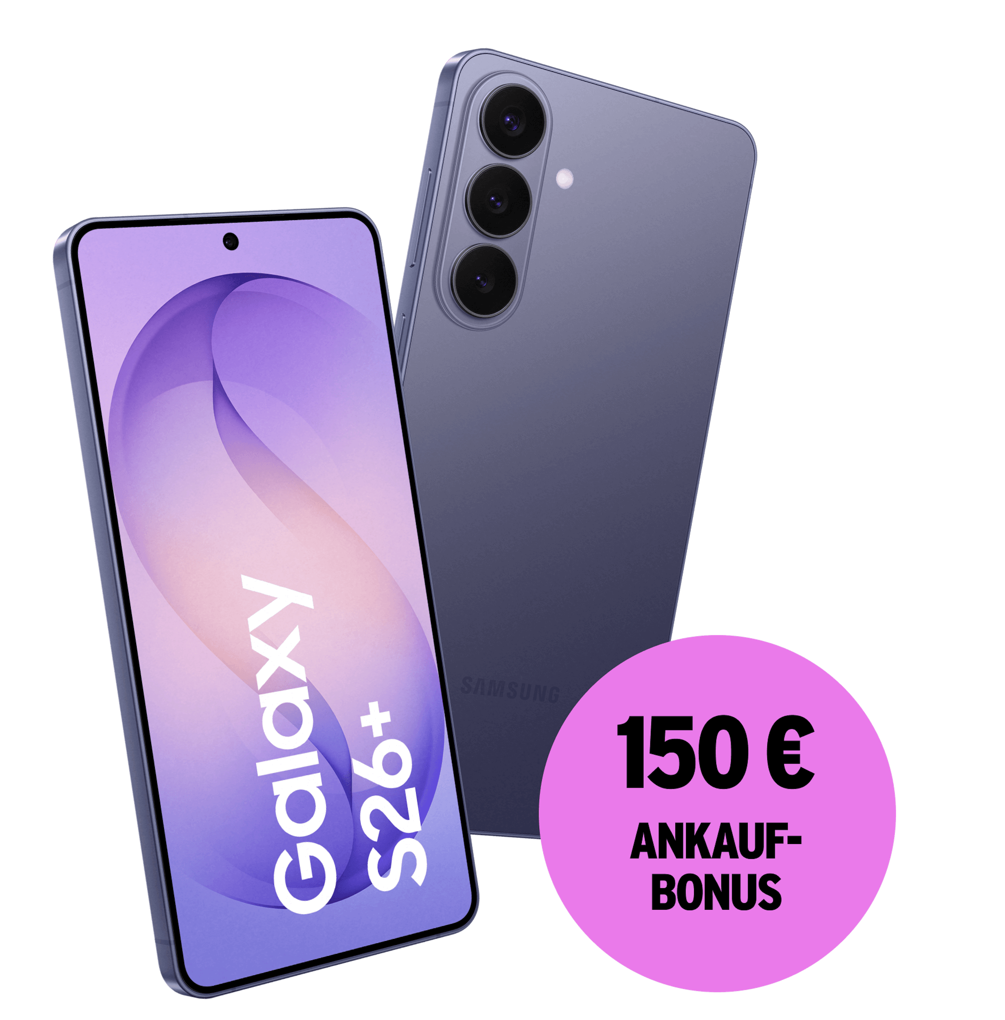 Schräge Vorder- und Rückansicht Samsung Galaxy S26 Plus Violett. 150 € Ankaufbonus.