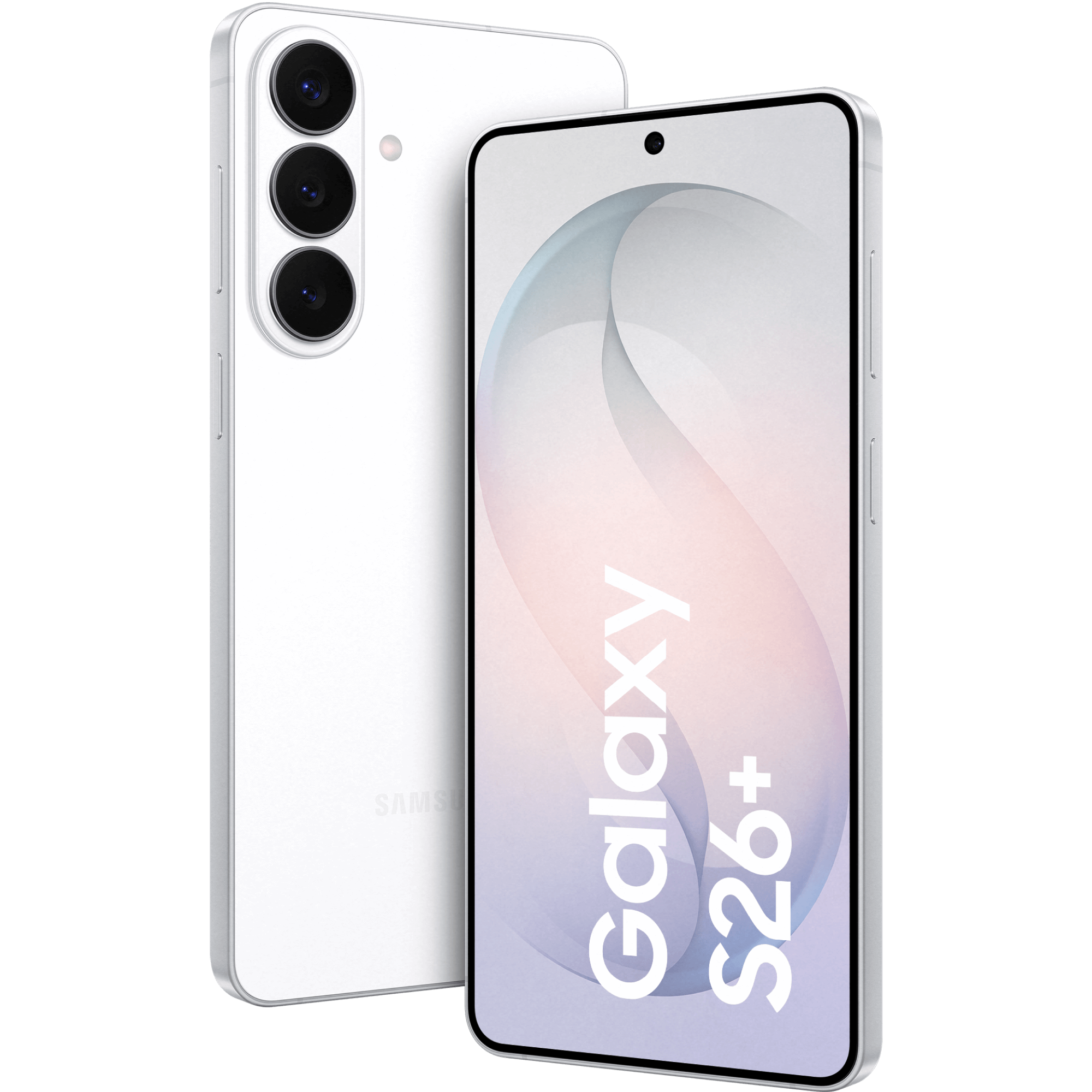 Schräge Vorder- und Rückansicht Samsung Galaxy S26 Plus Weiß.