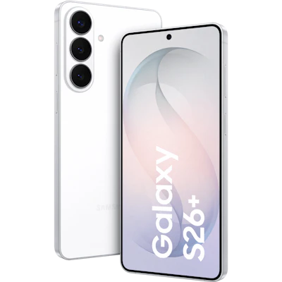 Schräge Vorder- und Rückansicht Samsung Galaxy S26 Plus Weiß.