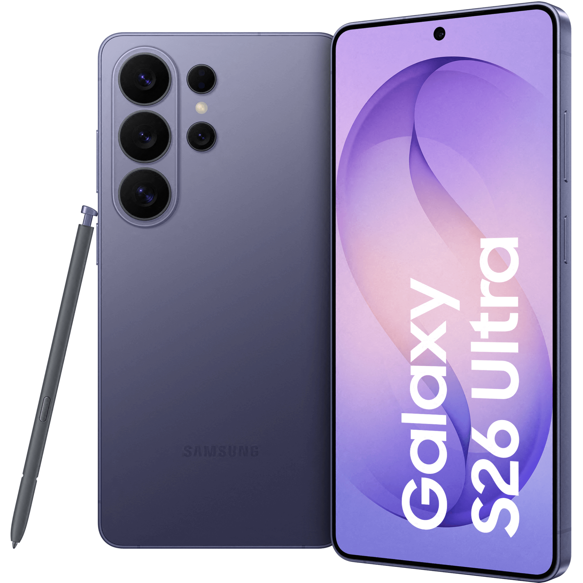 Vorder- und Rückansicht Samsung Galaxy S26 Ultra Violett mit S-Pen.