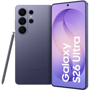 Vorder- und Rückansicht Samsung Galaxy S26 Ultra Violett mit S-Pen.
