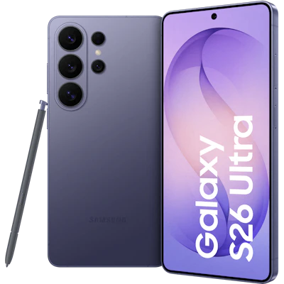 Vorder- und Rückansicht Samsung Galaxy S26 Ultra Violett mit S-Pen.