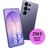 Schräge Vorder- und Rückansicht Samsung Galaxy S26 Ultra Violett. 250 € Ankaufbonus.