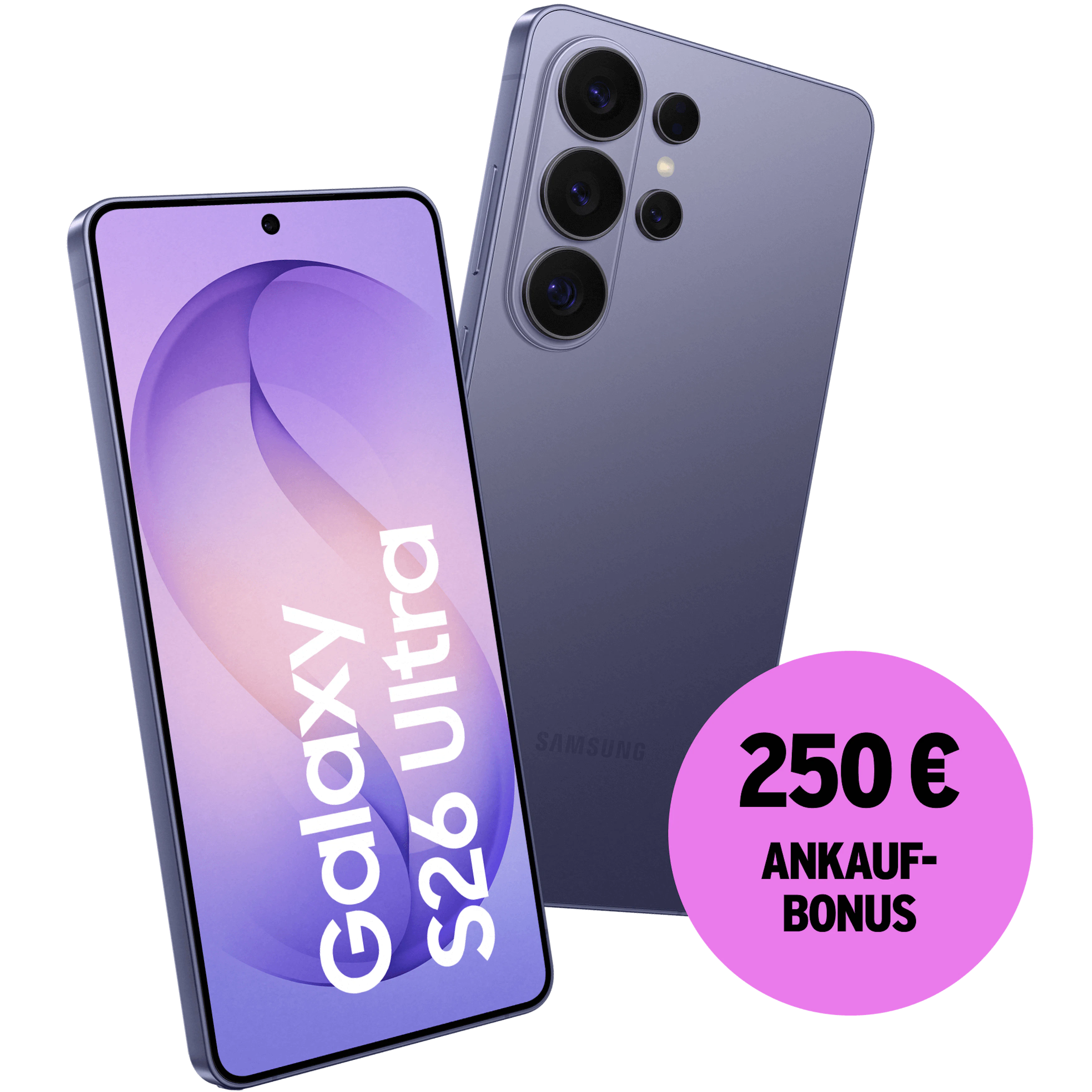 Schräge Vorder- und Rückansicht Samsung Galaxy S26 Ultra Violett. 250 € Ankaufbonus.