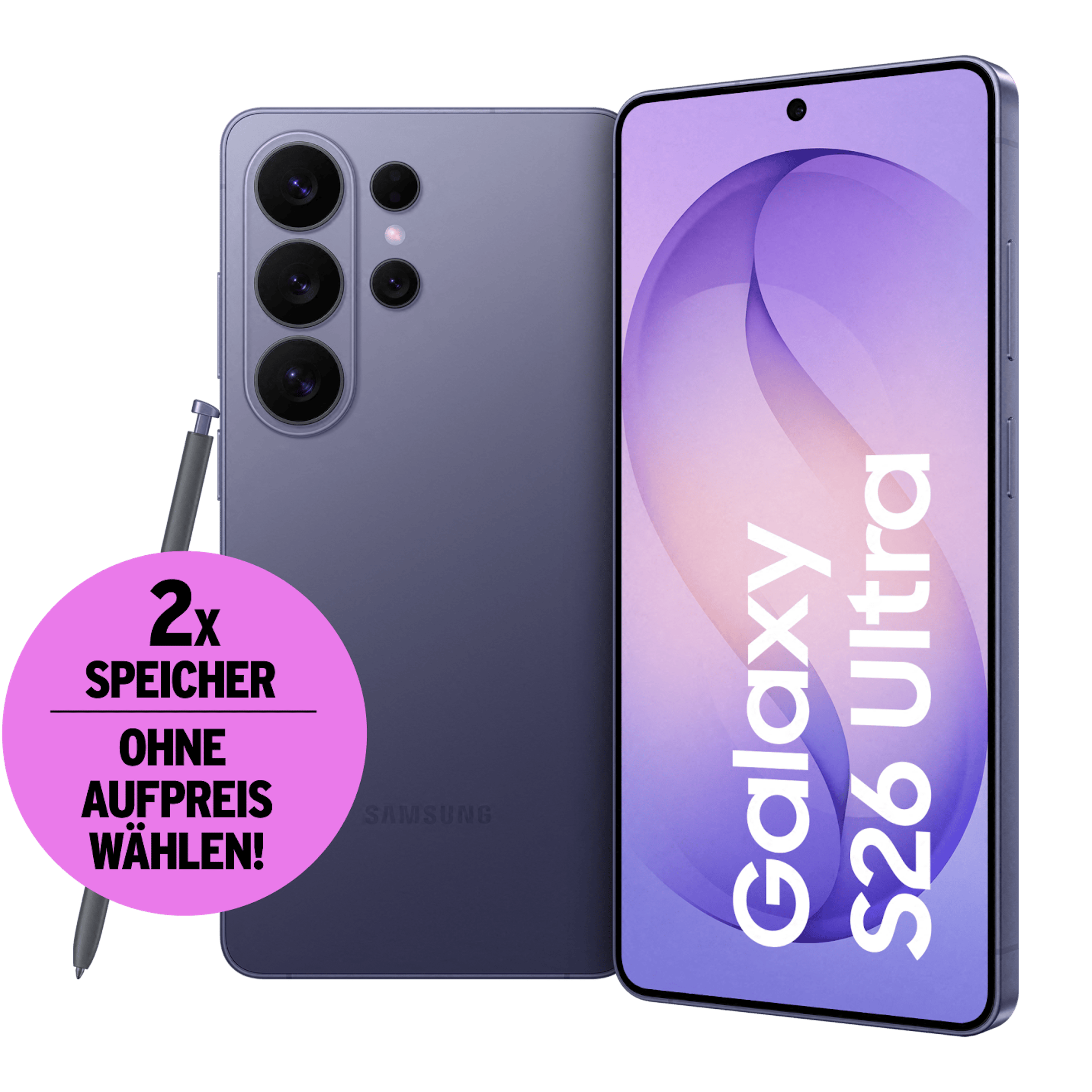 Vorder- und Rückansicht Samsung Galaxy S26 Ultra Violett mit S-Pen. Doppelten Speicher ohne Aufpreis wählen.