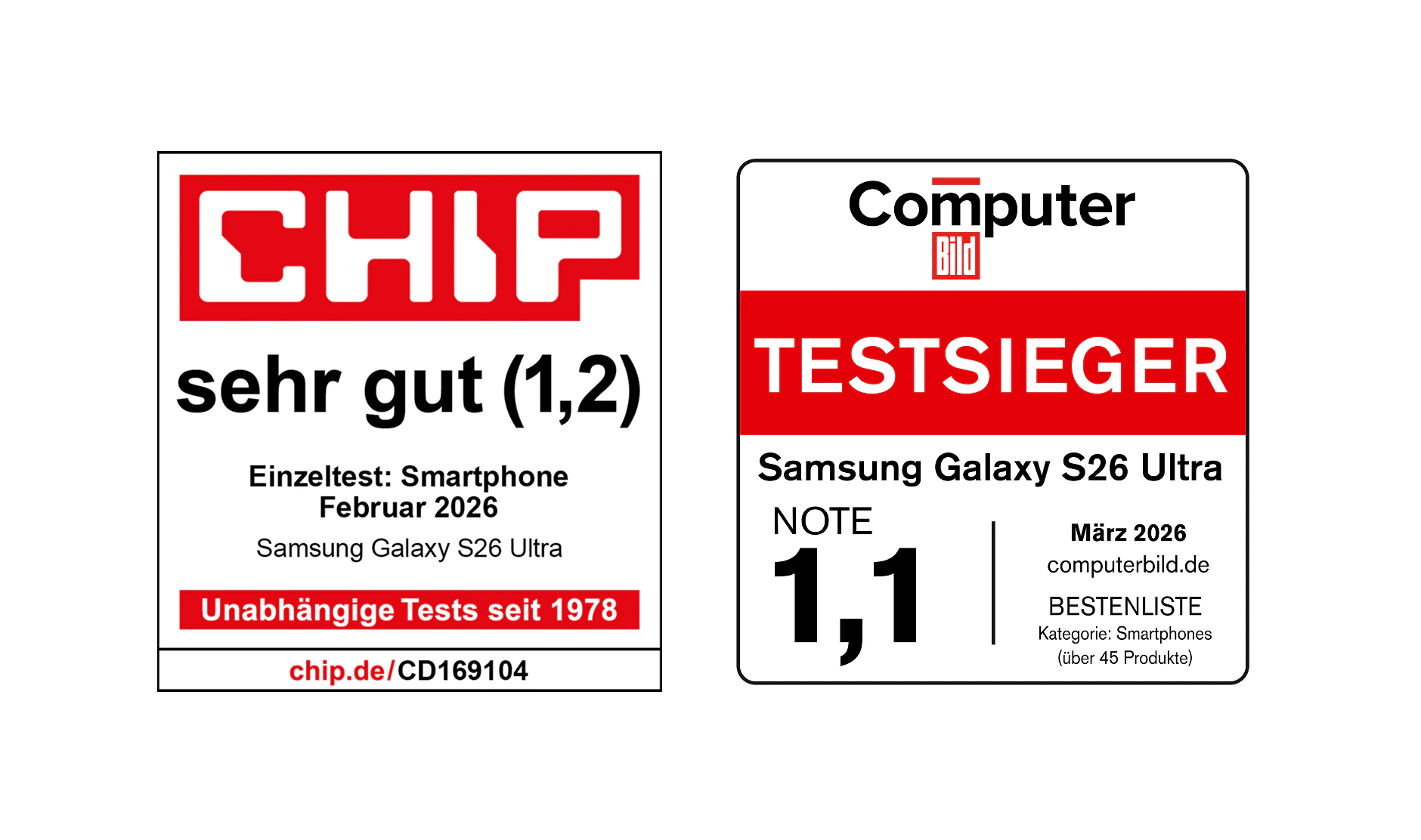Testsiegel für das Samsung Galaxy S26 Ultra: CHIP "sehr gut (1,2)" und Computer Bild "TESTSIEGER (Note 1,1)".